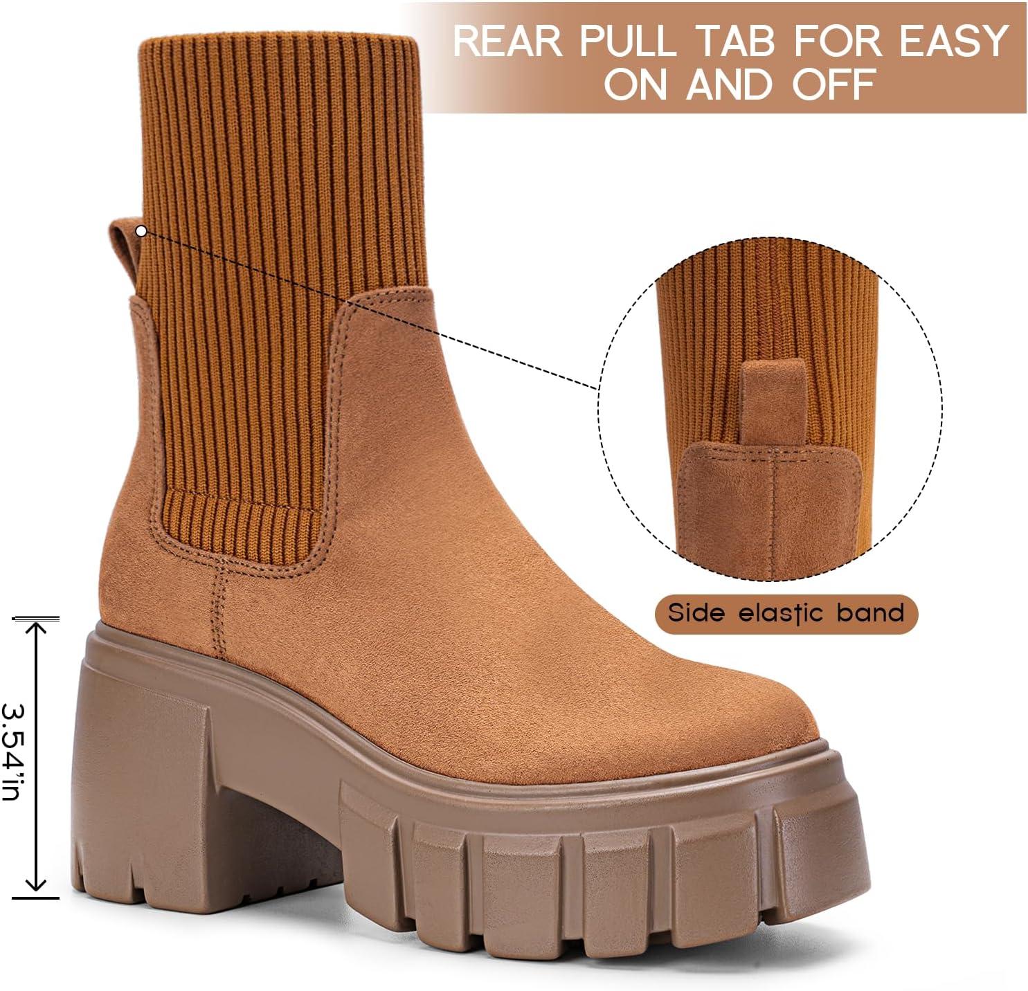 imageFITORY Womens Chelsea Boots Elastic Ankle Booties with Chunky Mid Heel and Lug Sole Comfy Trendy Slip on Shoes for Fall and Winter Size 611Heighteningbrown