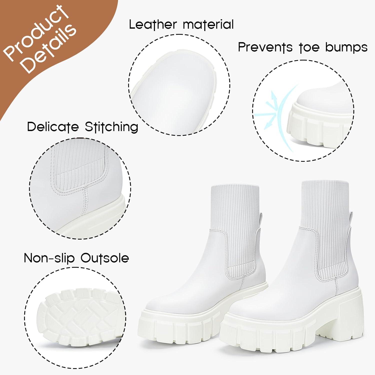 imageFITORY Womens Chelsea Boots Elastic Ankle Booties with Chunky Mid Heel and Lug Sole Comfy Trendy Slip on Shoes for Fall and Winter Size 611Heighteningwhite