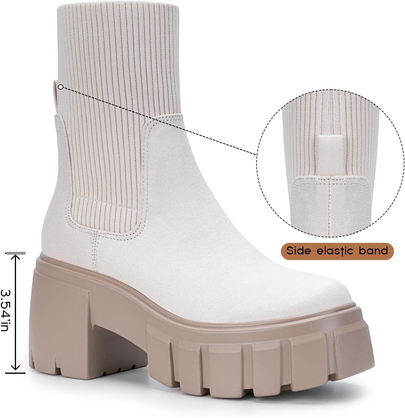 imageFITORY Womens Chelsea Boots Elastic Ankle Booties with Chunky Mid Heel and Lug Sole Comfy Trendy Slip on Shoes for Fall and Winter Size 611Heighteningbeige