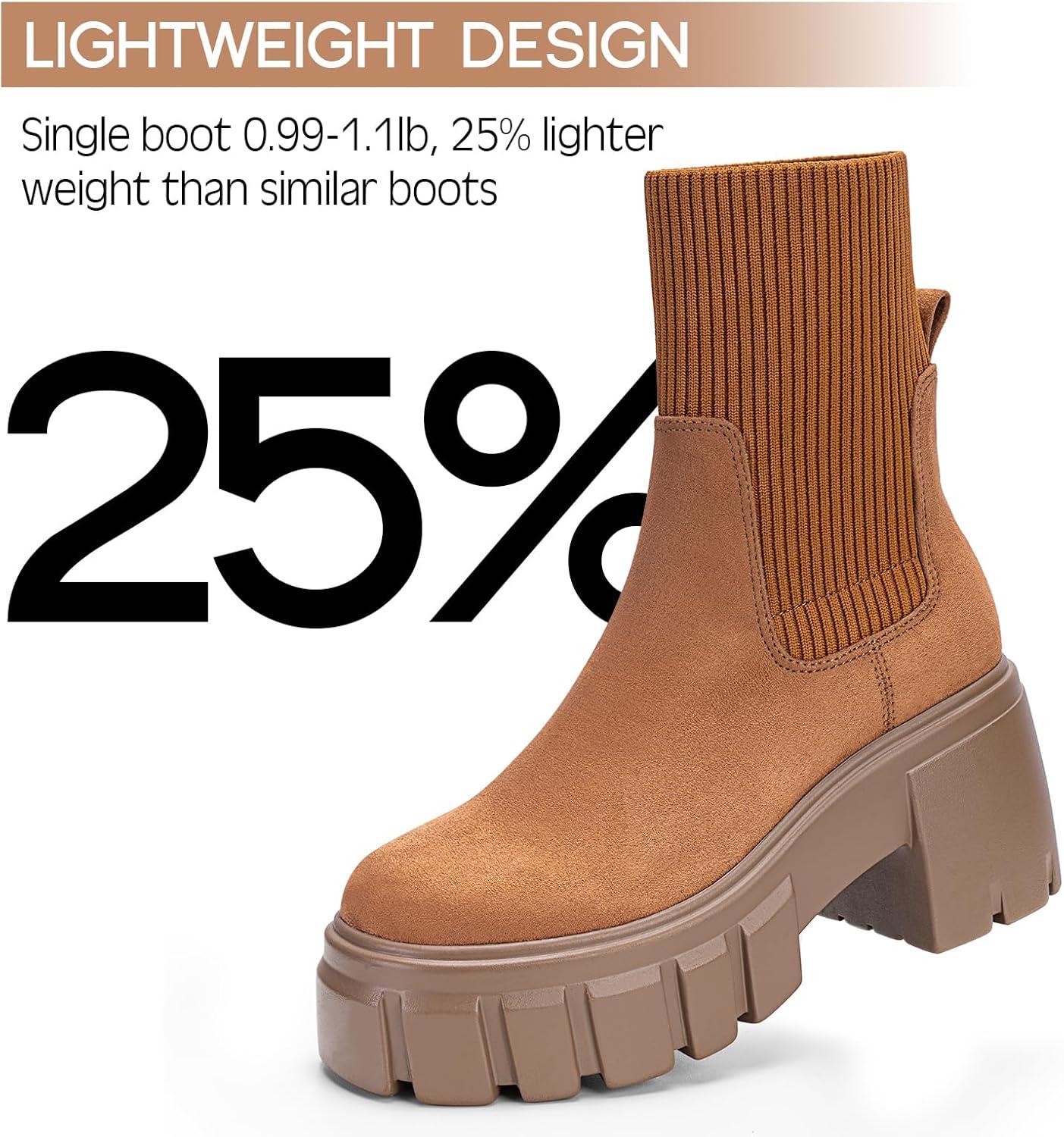 imageFITORY Womens Chelsea Boots Elastic Ankle Booties with Chunky Mid Heel and Lug Sole Comfy Trendy Slip on Shoes for Fall and Winter Size 611Heighteningbrown