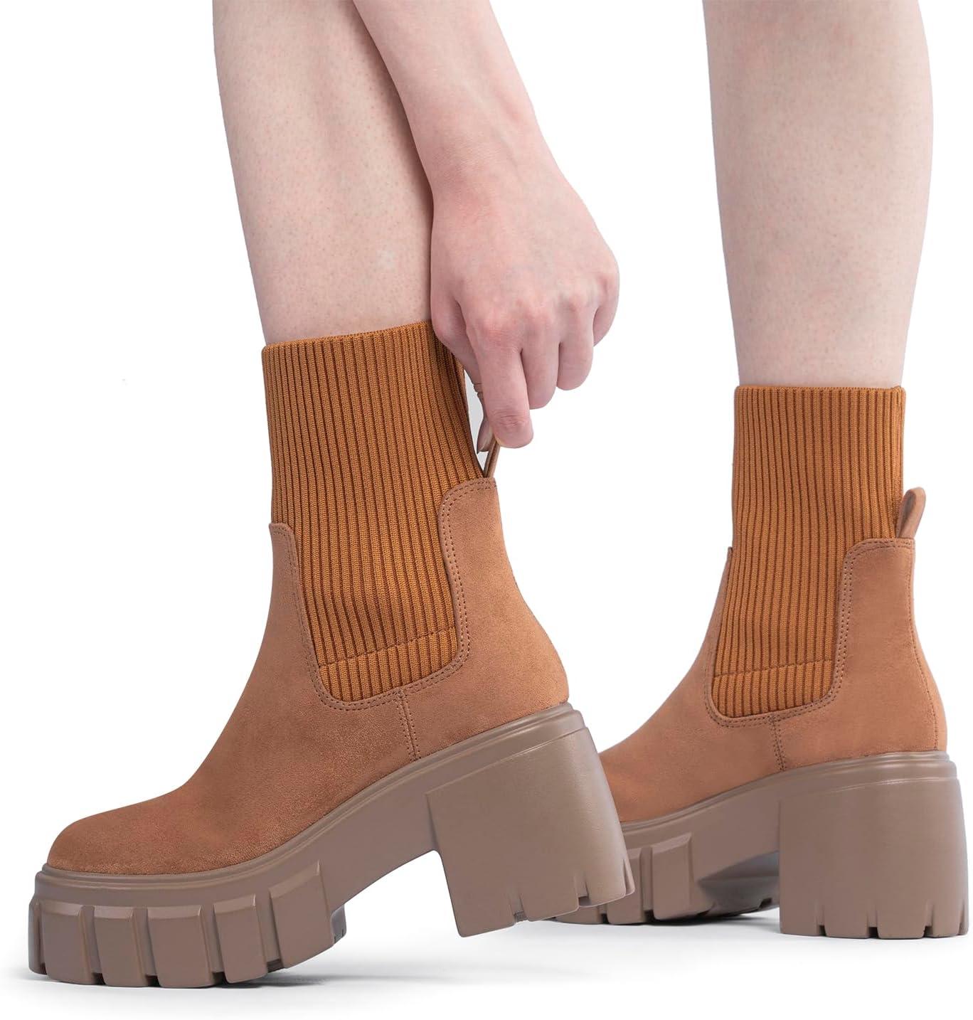 imageFITORY Womens Chelsea Boots Elastic Ankle Booties with Chunky Mid Heel and Lug Sole Comfy Trendy Slip on Shoes for Fall and Winter Size 611Heighteningbrown