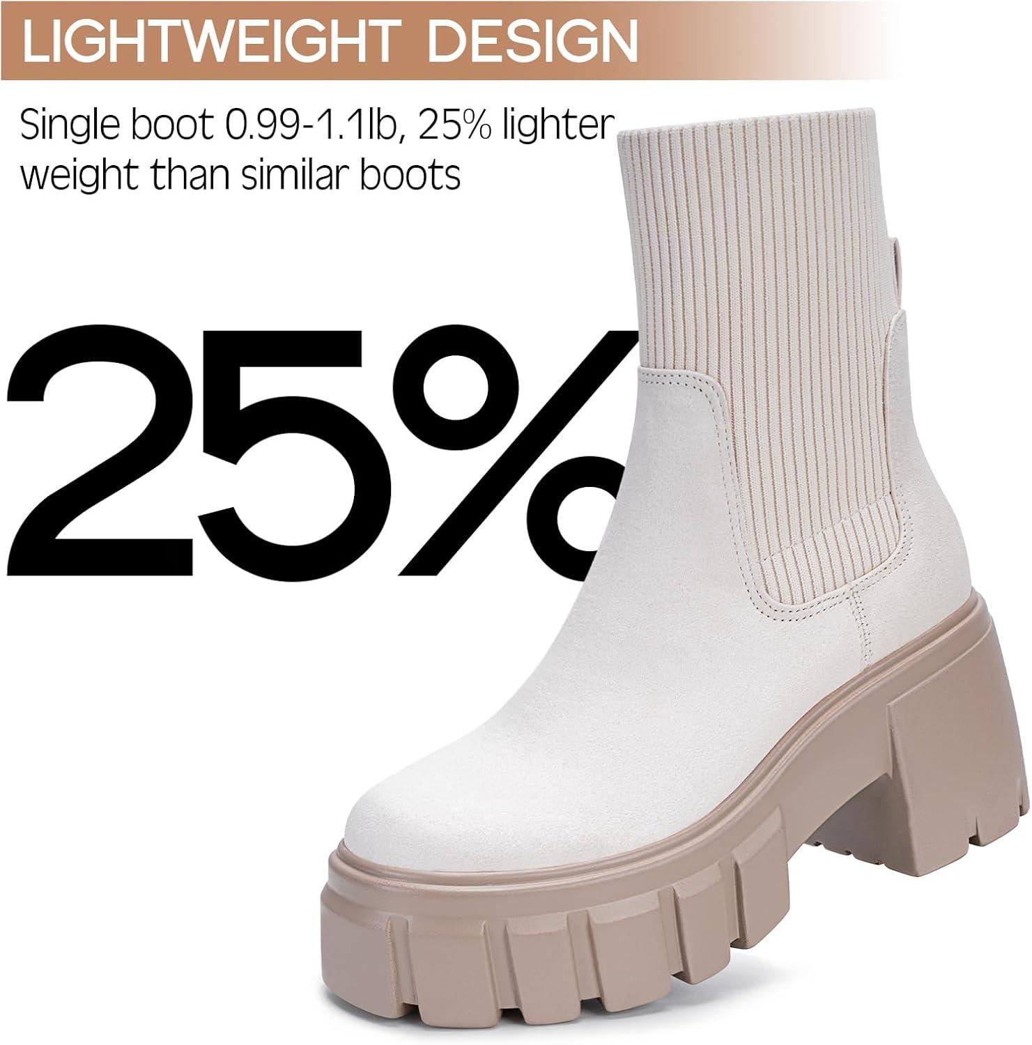 imageFITORY Womens Chelsea Boots Elastic Ankle Booties with Chunky Mid Heel and Lug Sole Comfy Trendy Slip on Shoes for Fall and Winter Size 611Heighteningbeige