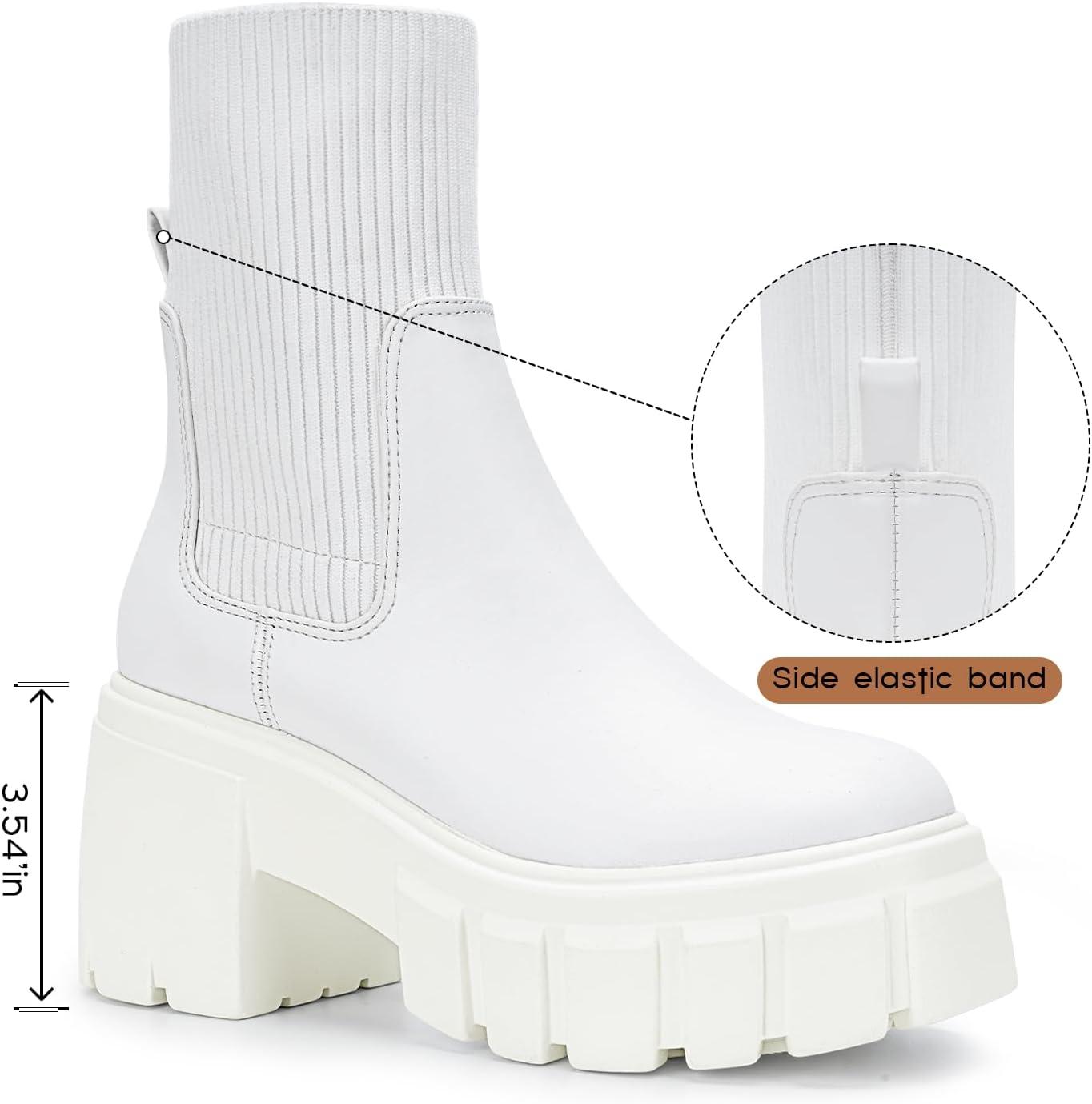 imageFITORY Womens Chelsea Boots Elastic Ankle Booties with Chunky Mid Heel and Lug Sole Comfy Trendy Slip on Shoes for Fall and Winter Size 611Heighteningwhite