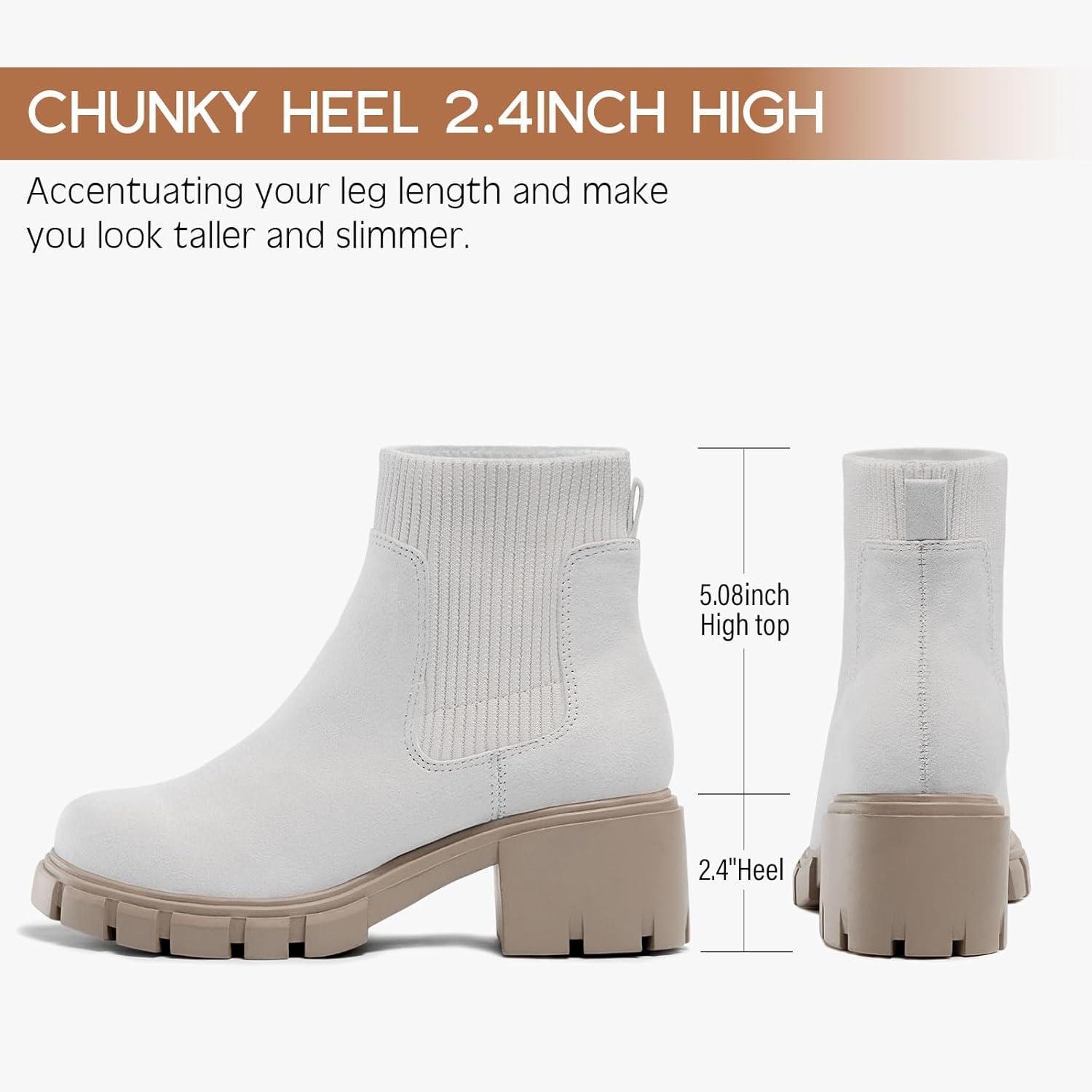 imageFITORY Womens Chelsea Boots Elastic Ankle Booties with Chunky Mid Heel and Lug Sole Comfy Trendy Slip on Shoes for Fall and Winter Size 611Light Beige