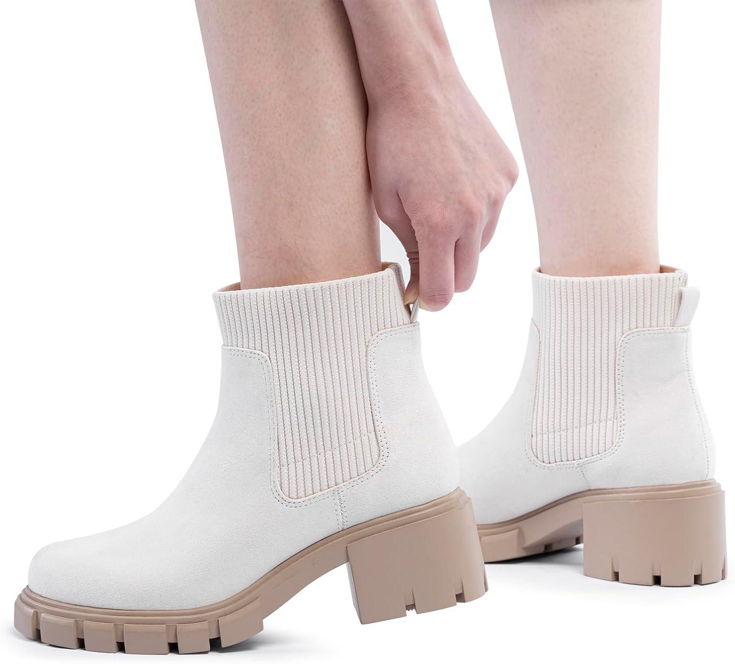 imageFITORY Womens Chelsea Boots Elastic Ankle Booties with Chunky Mid Heel and Lug Sole Comfy Trendy Slip on Shoes for Fall and Winter Size 611Light Beige