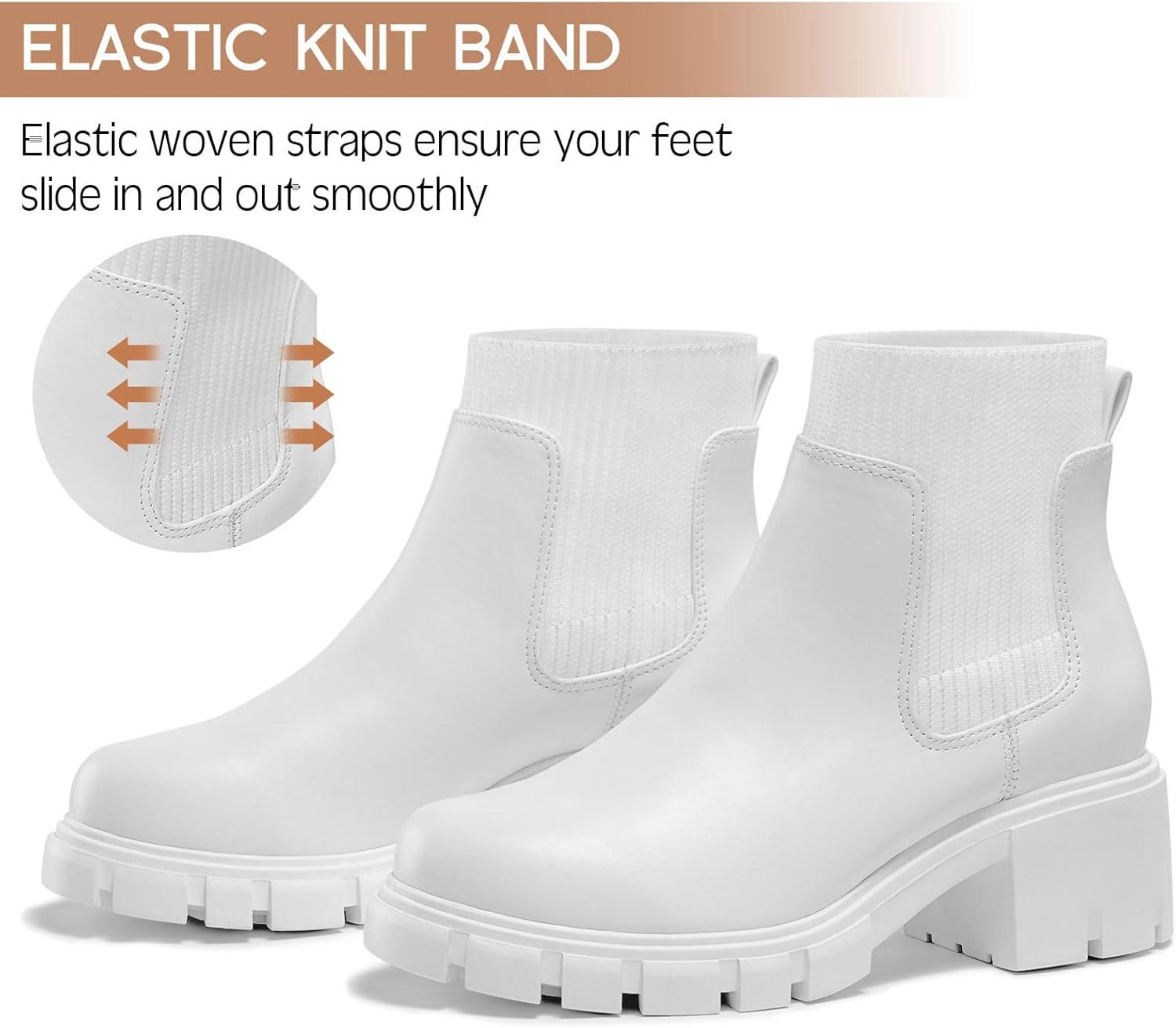 imageFITORY Womens Chelsea Boots Elastic Ankle Booties with Chunky Mid Heel and Lug Sole Comfy Trendy Slip on Shoes for Fall and Winter Size 611White