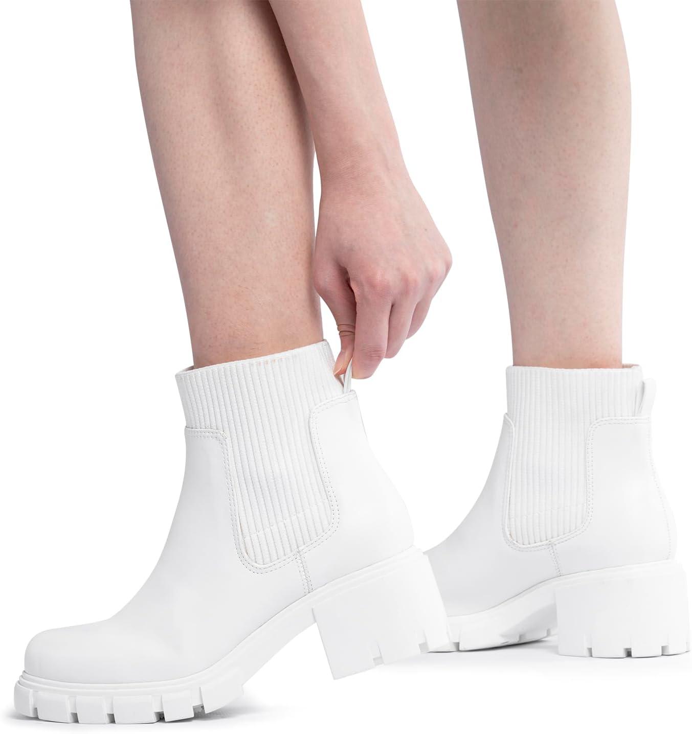 imageFITORY Womens Chelsea Boots Elastic Ankle Booties with Chunky Mid Heel and Lug Sole Comfy Trendy Slip on Shoes for Fall and Winter Size 611White