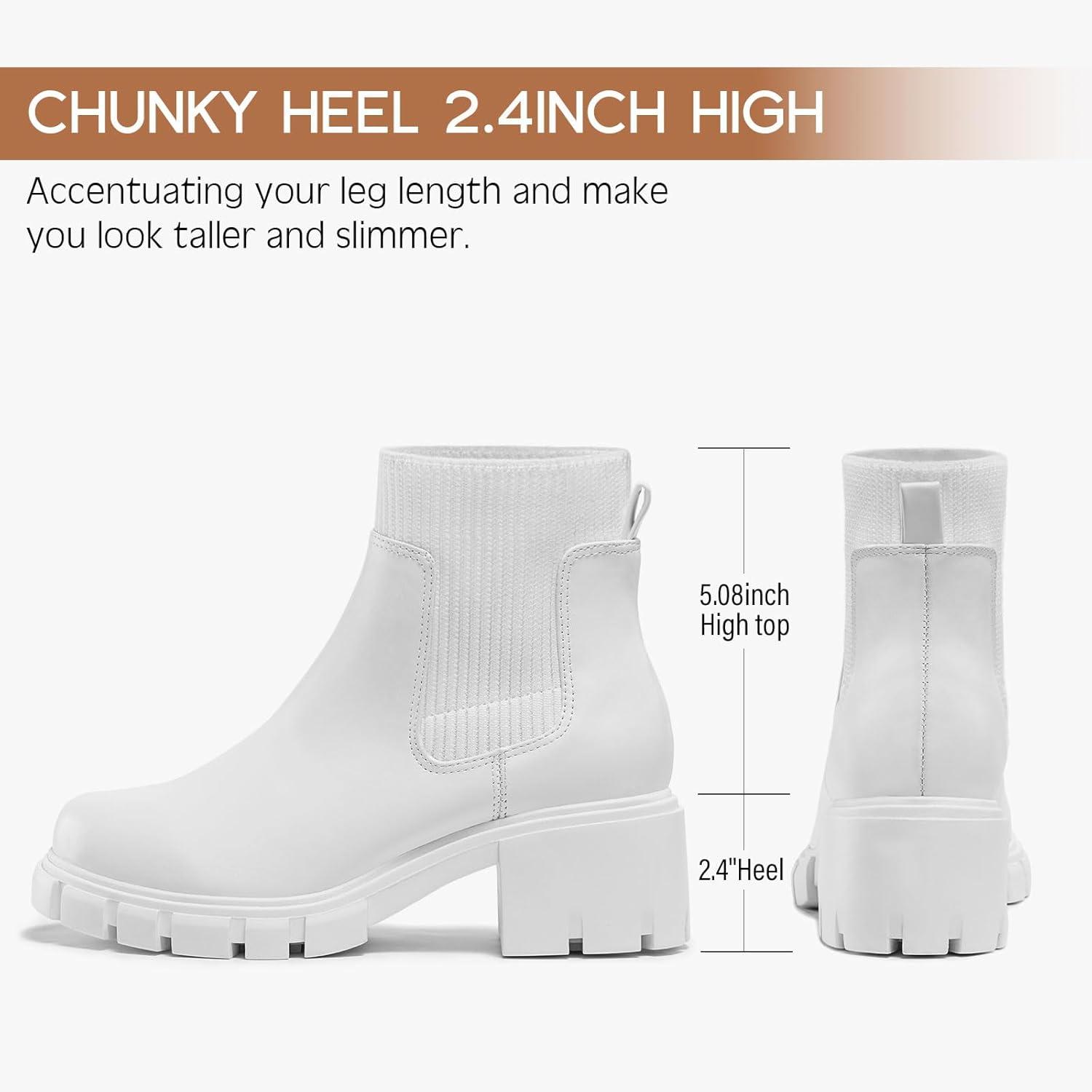 imageFITORY Womens Chelsea Boots Elastic Ankle Booties with Chunky Mid Heel and Lug Sole Comfy Trendy Slip on Shoes for Fall and Winter Size 611White