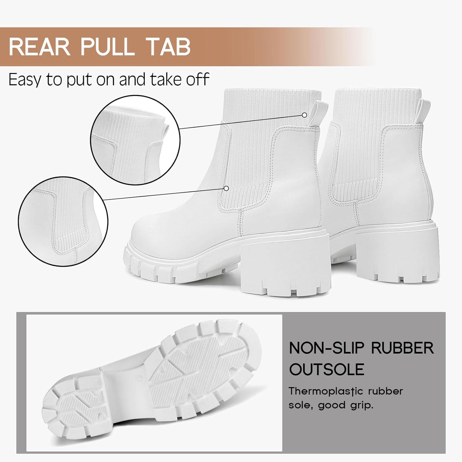 imageFITORY Womens Chelsea Boots Elastic Ankle Booties with Chunky Mid Heel and Lug Sole Comfy Trendy Slip on Shoes for Fall and Winter Size 611White