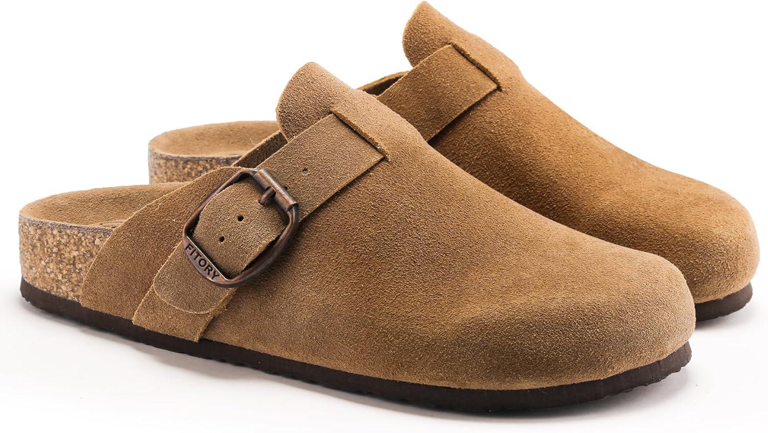 imageFITORY Womens Clogs Slipon Potato Shoes Leather Mules with Suede Cork Footbed Size 611Brown