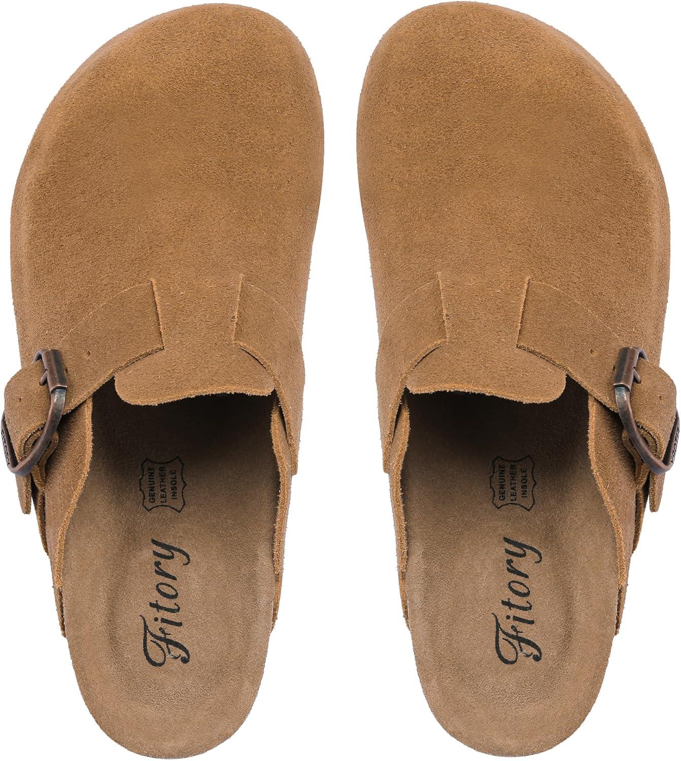 imageFITORY Womens Clogs Slipon Potato Shoes Leather Mules with Suede Cork Footbed Size 611Brown