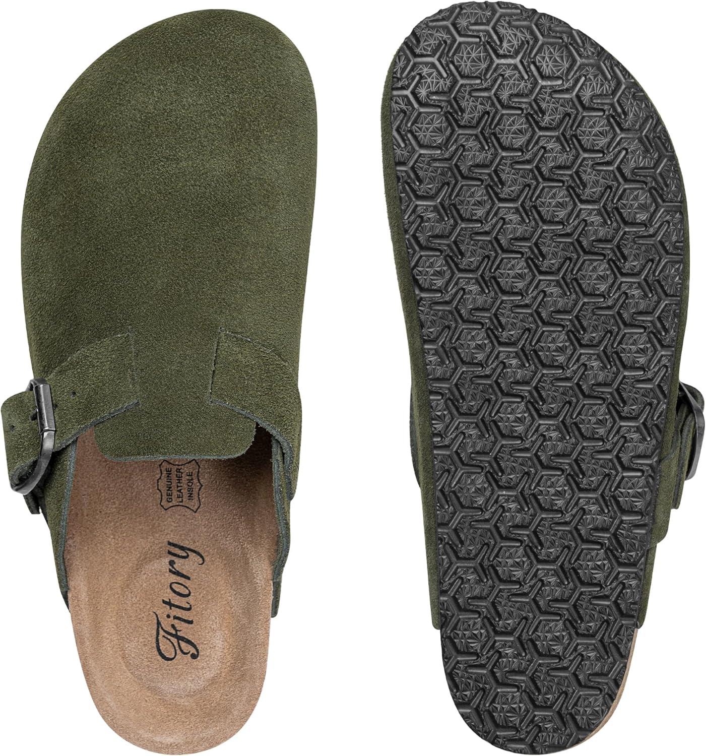 imageFITORY Womens Clogs Slipon Potato Shoes Leather Mules with Suede Cork Footbed Size 611Green