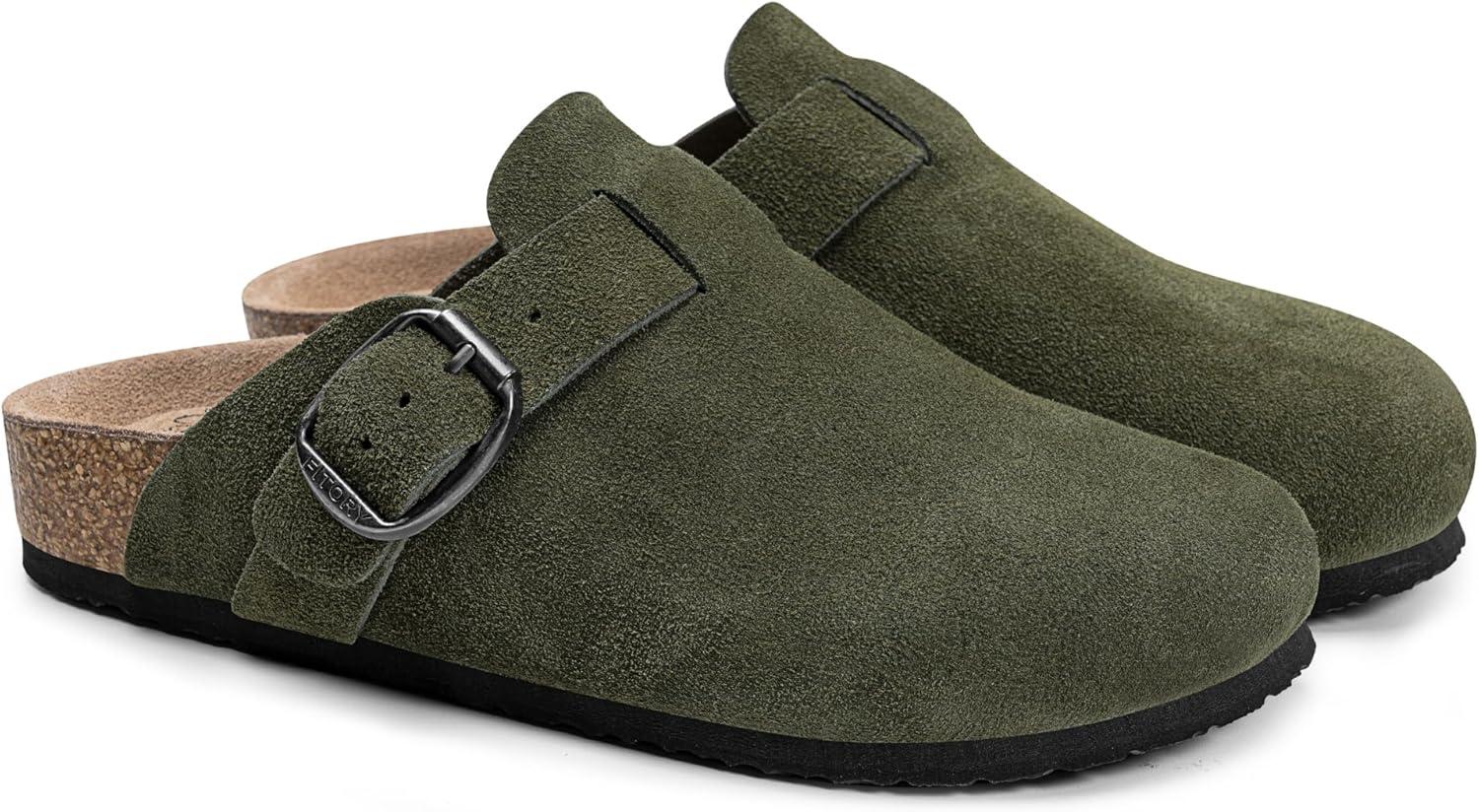 imageFITORY Womens Clogs Slipon Potato Shoes Leather Mules with Suede Cork Footbed Size 611Green