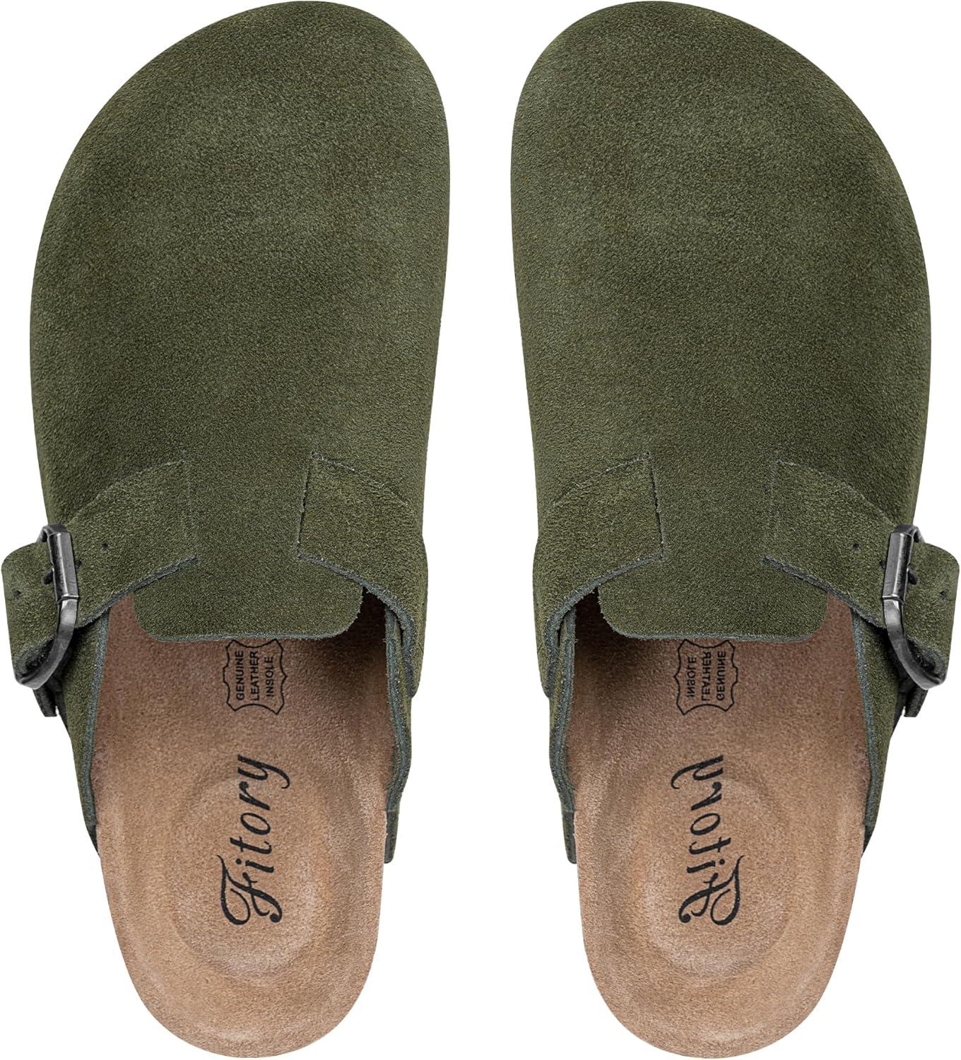 imageFITORY Womens Clogs Slipon Potato Shoes Leather Mules with Suede Cork Footbed Size 611Green
