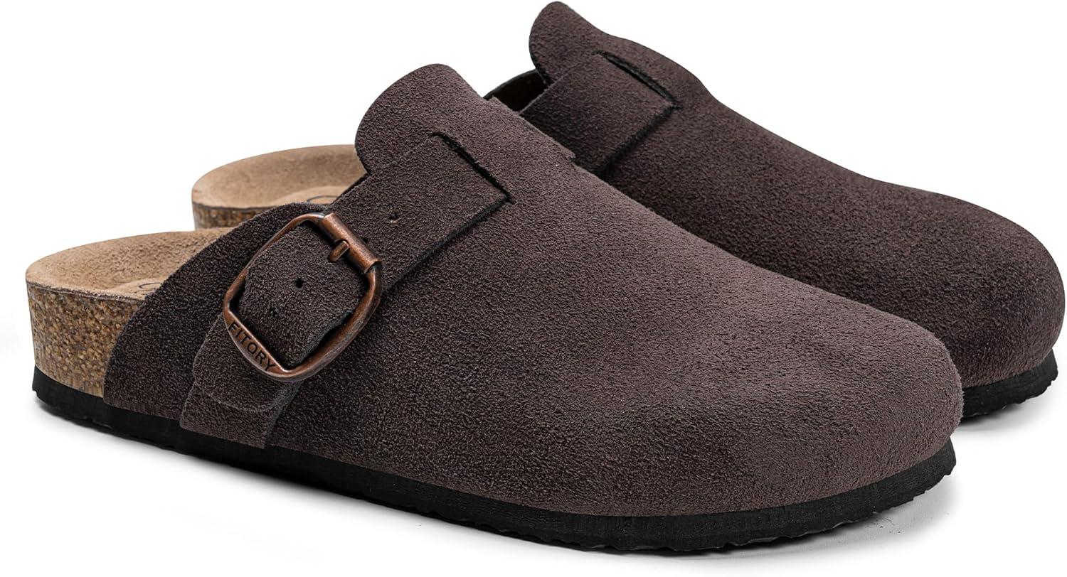 imageFITORY Womens Clogs Slipon Potato Shoes Leather Mules with Suede Cork Footbed Size 611Mocha