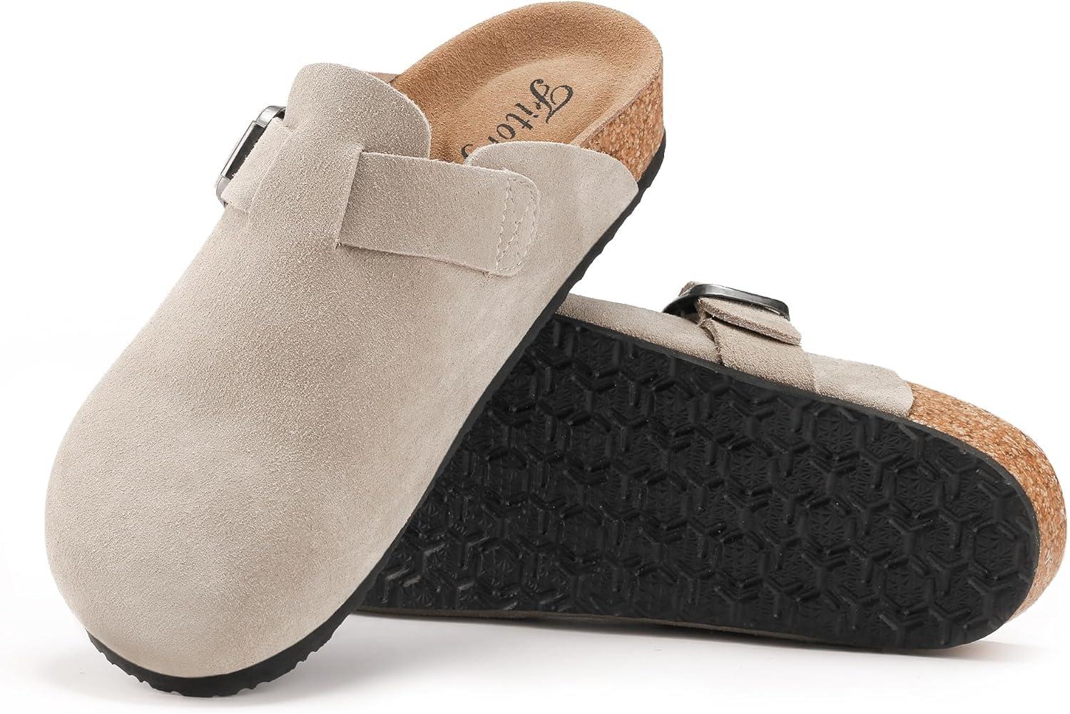 imageFITORY Womens Clogs Slipon Potato Shoes Leather Mules with Suede Cork Footbed Size 611Taupe