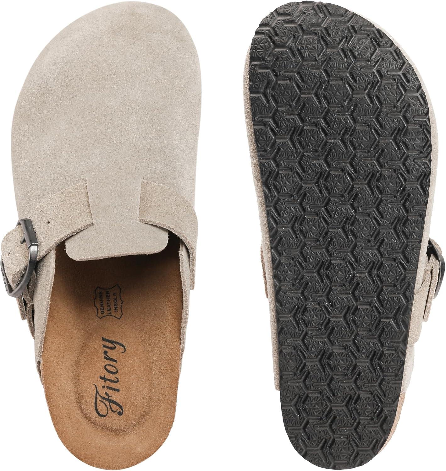 imageFITORY Womens Clogs Slipon Potato Shoes Leather Mules with Suede Cork Footbed Size 611Taupe