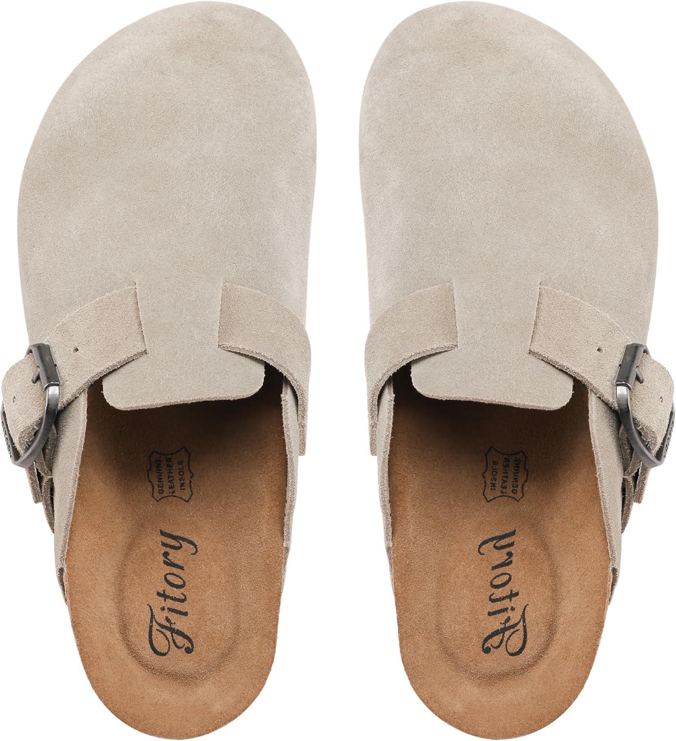imageFITORY Womens Clogs Slipon Potato Shoes Leather Mules with Suede Cork Footbed Size 611Taupe