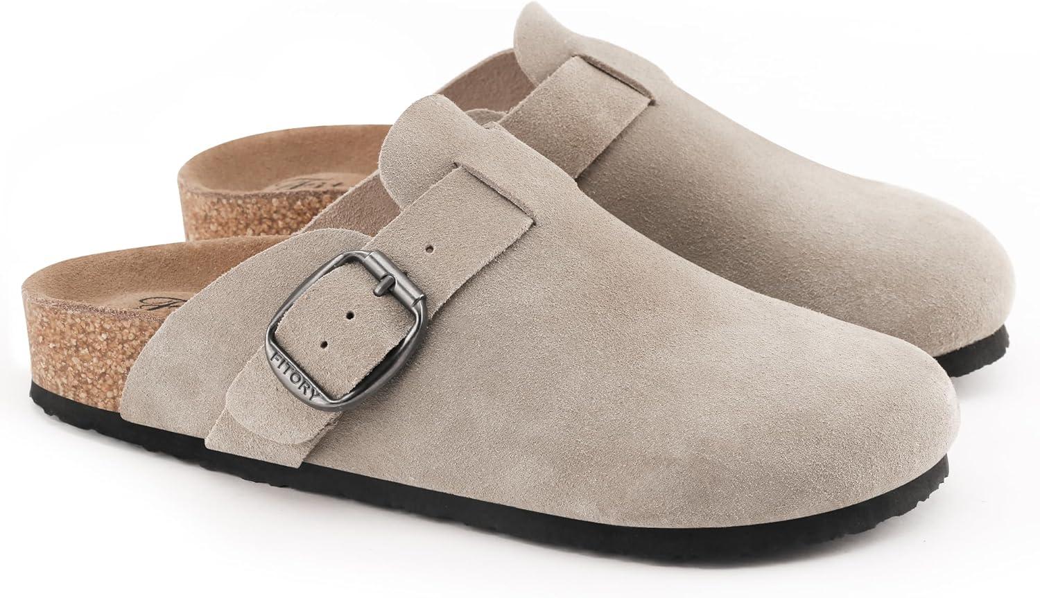 imageFITORY Womens Clogs Slipon Potato Shoes Leather Mules with Suede Cork Footbed Size 611Taupe