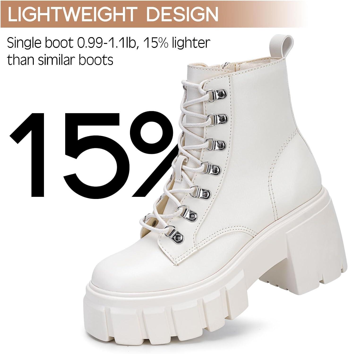 imageFITORY Womens Combat Boots Lightweight Lace up Side Zipper Ankle Botas High Heel Chunky Platform Lug Sole Booties Size 611Beige