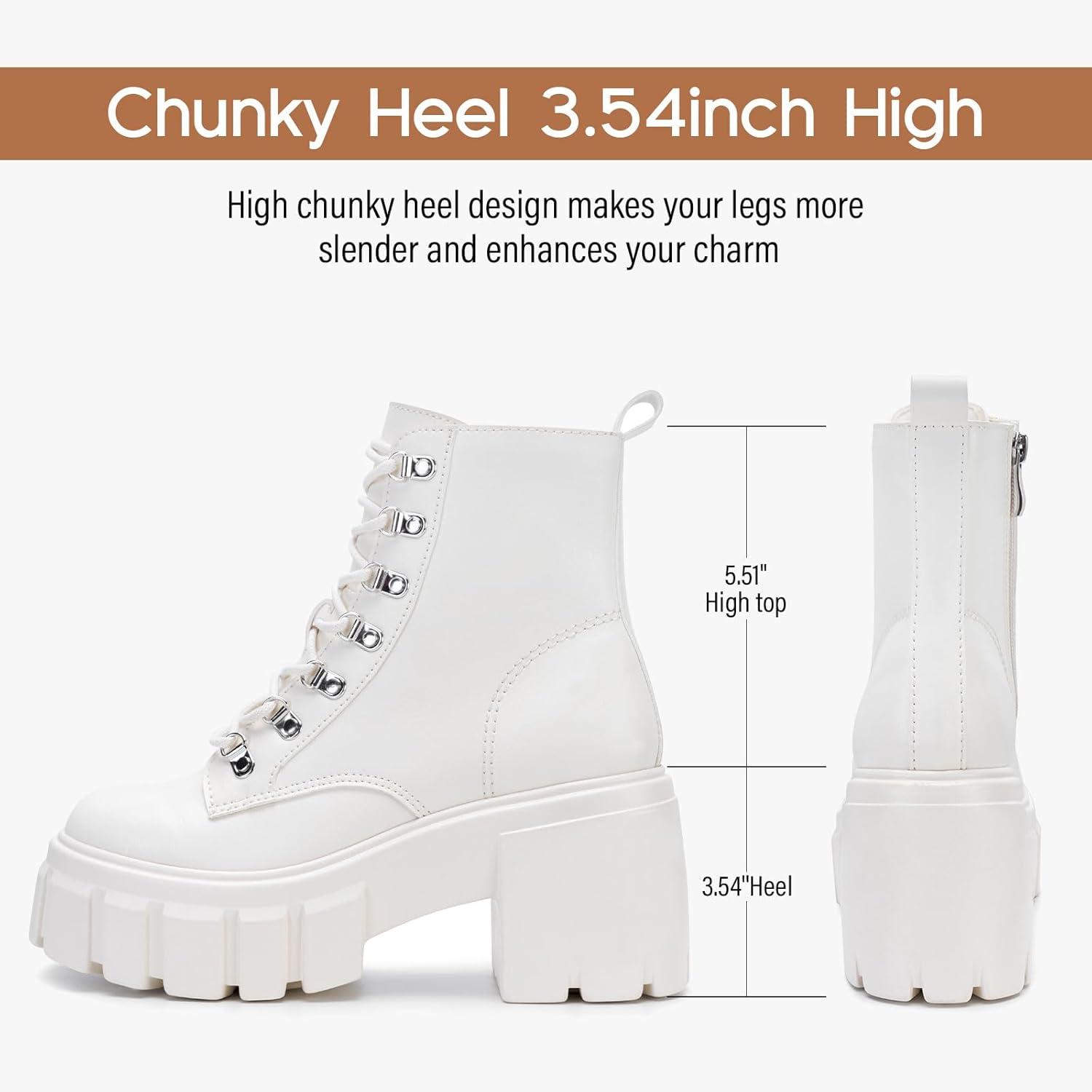 imageFITORY Womens Combat Boots Lightweight Lace up Side Zipper Ankle Botas High Heel Chunky Platform Lug Sole Booties Size 611Beige