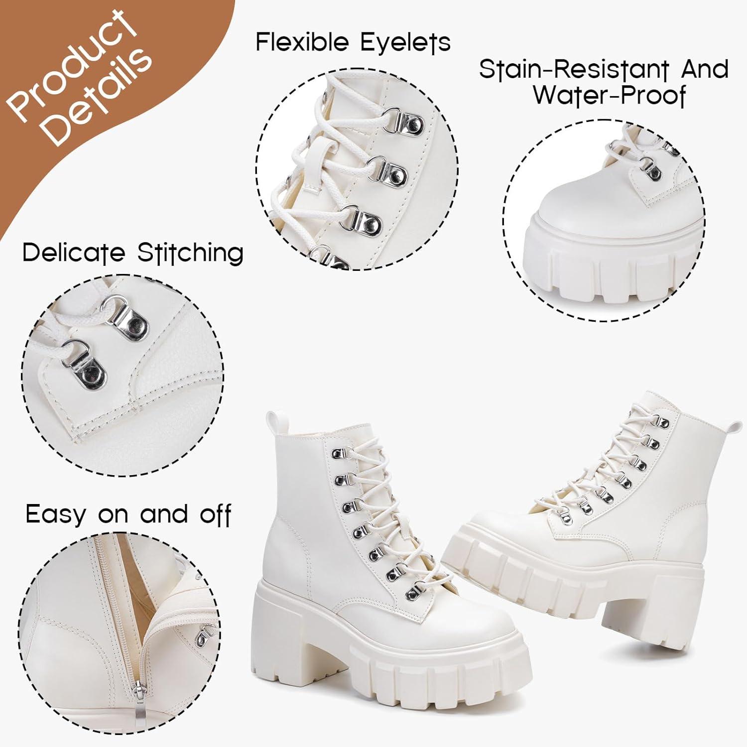 imageFITORY Womens Combat Boots Lightweight Lace up Side Zipper Ankle Botas High Heel Chunky Platform Lug Sole Booties Size 611Beige