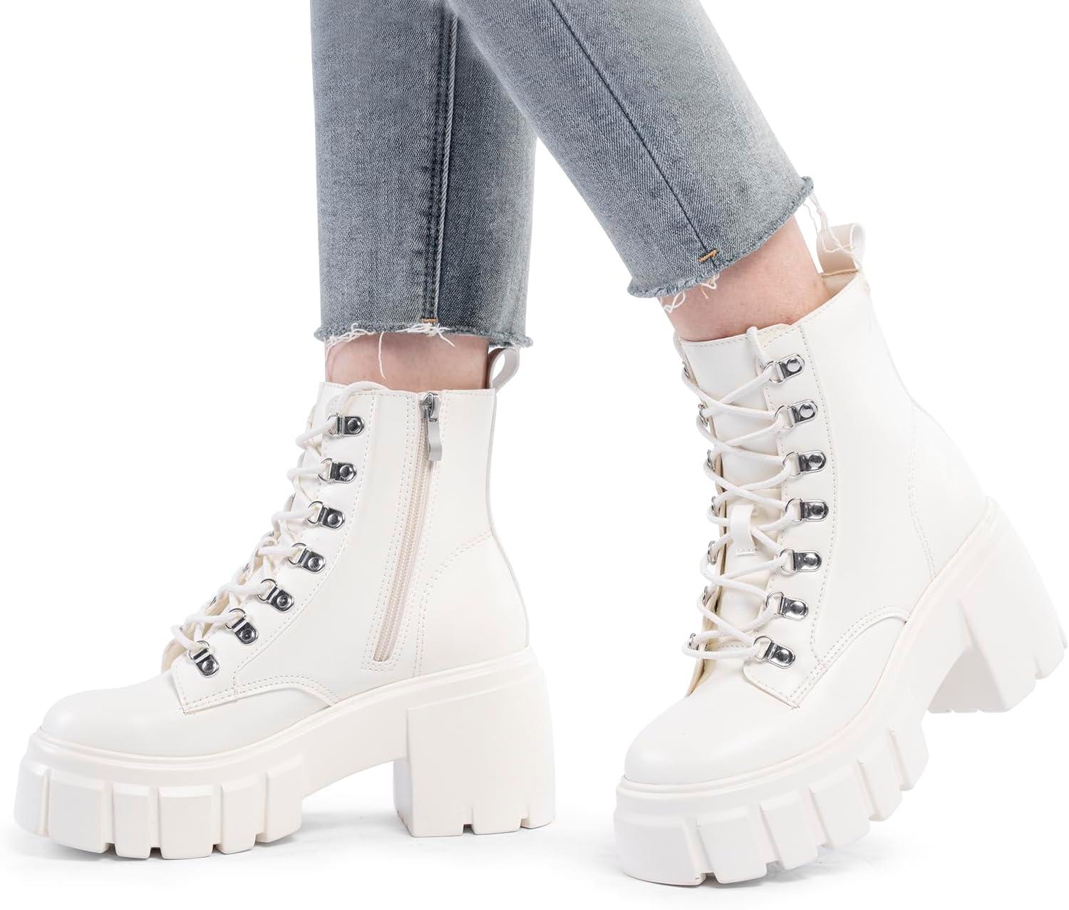 imageFITORY Womens Combat Boots Lightweight Lace up Side Zipper Ankle Botas High Heel Chunky Platform Lug Sole Booties Size 611Beige