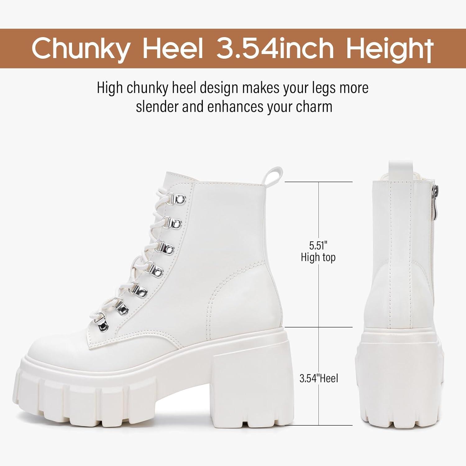 imageFITORY Womens Combat Boots Lightweight Lace up Side Zipper Ankle Botas High Heel Chunky Platform Lug Sole Booties Size 611Beige