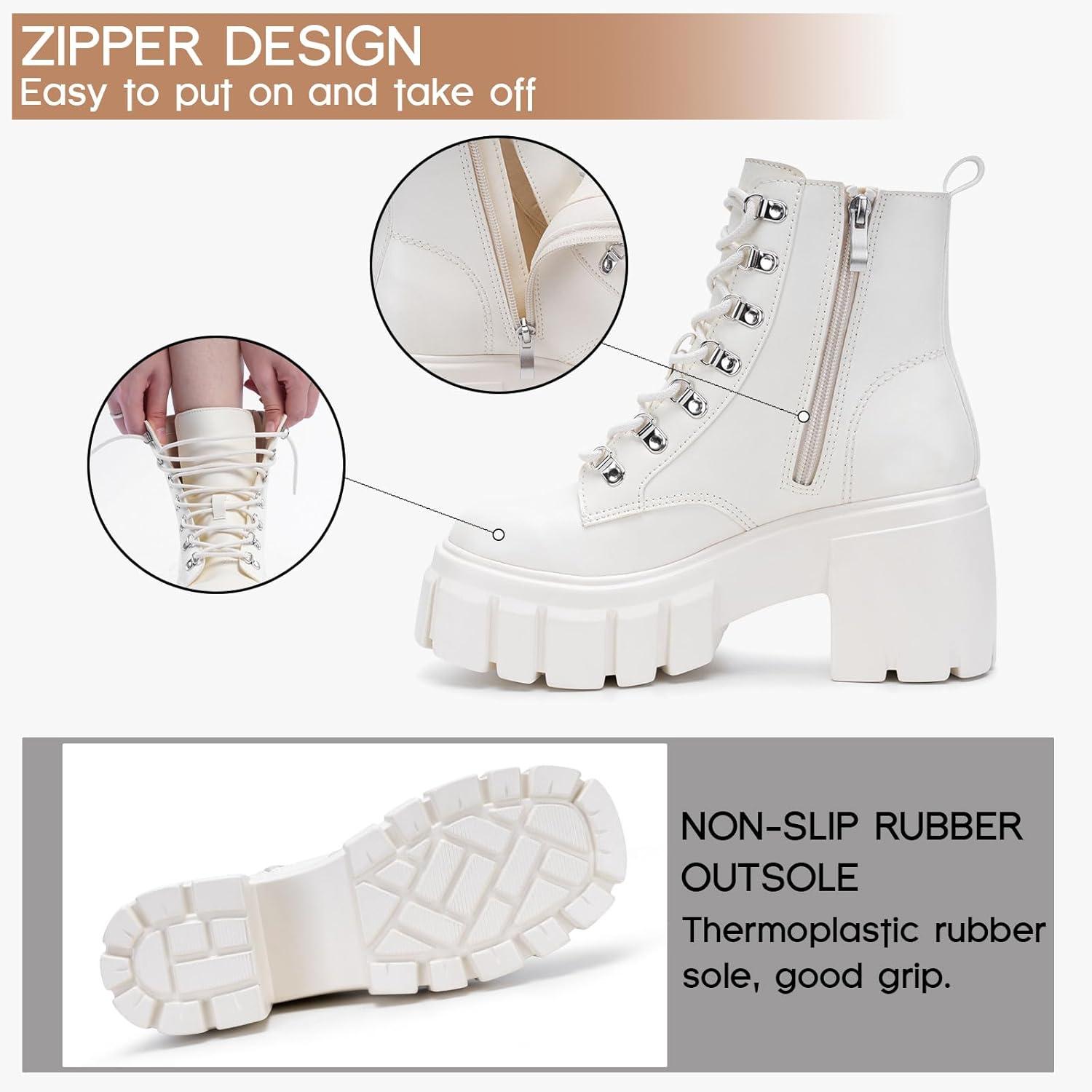 imageFITORY Womens Combat Boots Lightweight Lace up Side Zipper Ankle Botas High Heel Chunky Platform Lug Sole Booties Size 611Beige