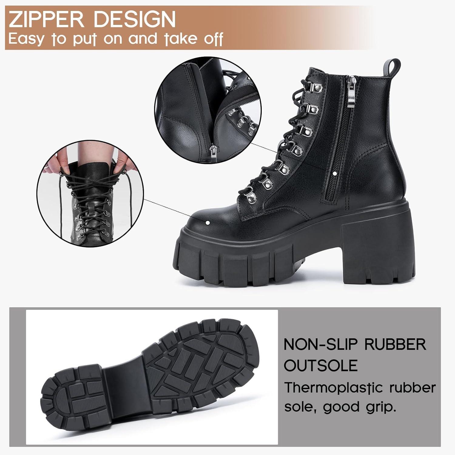 imageFITORY Womens Combat Boots Lightweight Lace up Side Zipper Ankle Botas High Heel Chunky Platform Lug Sole Booties Size 611Black