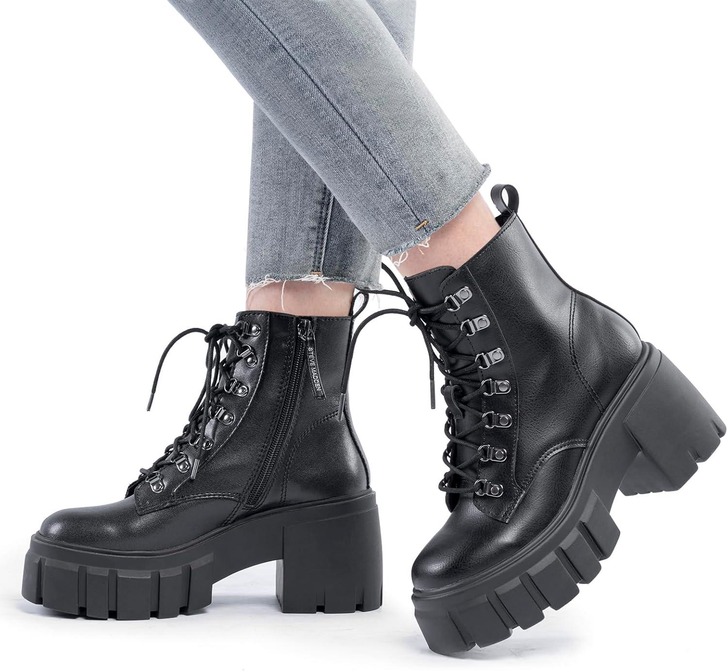 imageFITORY Womens Combat Boots Lightweight Lace up Side Zipper Ankle Botas High Heel Chunky Platform Lug Sole Booties Size 611Black