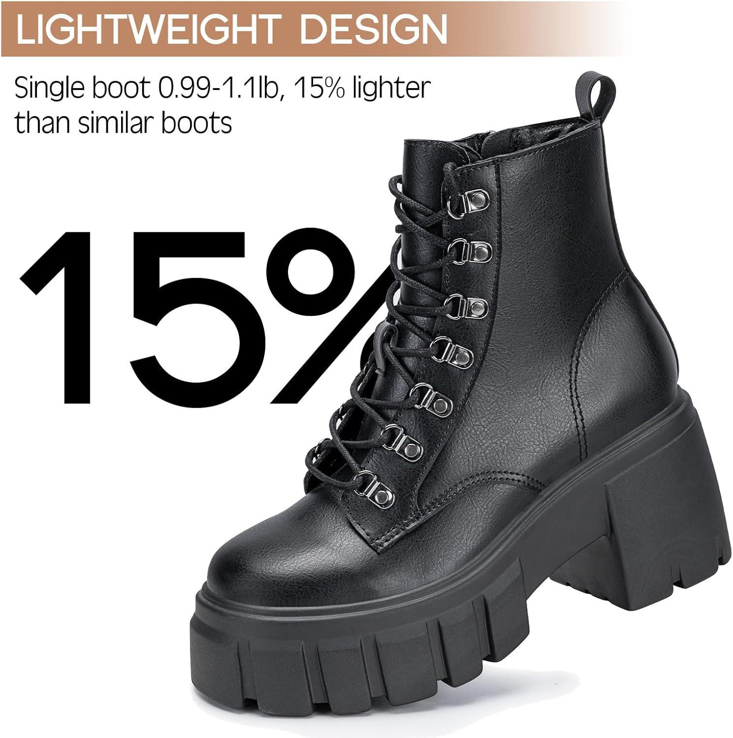 imageFITORY Womens Combat Boots Lightweight Lace up Side Zipper Ankle Botas High Heel Chunky Platform Lug Sole Booties Size 611Black