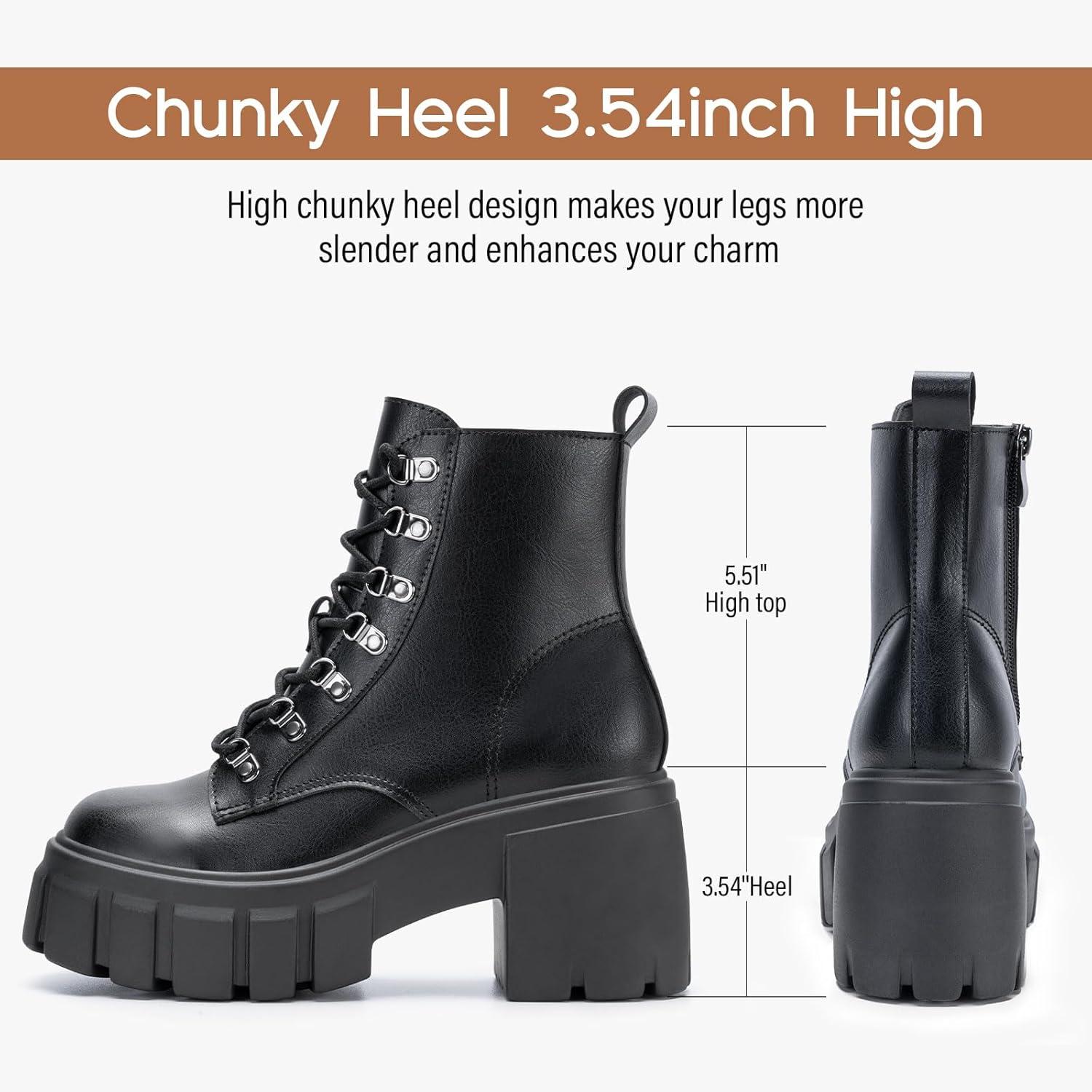 imageFITORY Womens Combat Boots Lightweight Lace up Side Zipper Ankle Botas High Heel Chunky Platform Lug Sole Booties Size 611Black