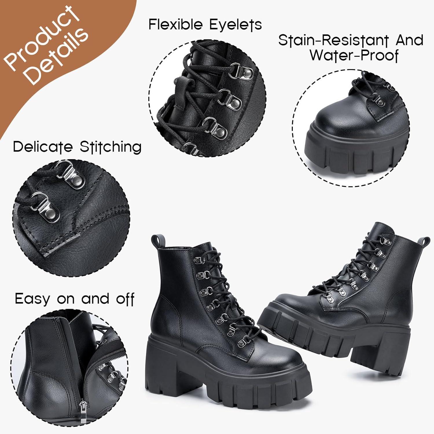 imageFITORY Womens Combat Boots Lightweight Lace up Side Zipper Ankle Botas High Heel Chunky Platform Lug Sole Booties Size 611Black