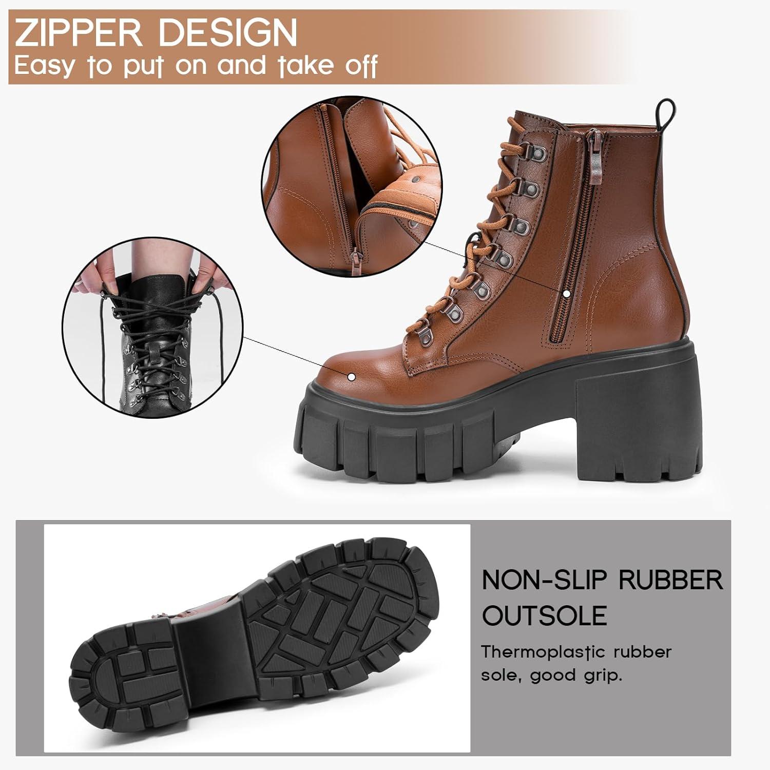 imageFITORY Womens Combat Boots Lightweight Lace up Side Zipper Ankle Botas High Heel Chunky Platform Lug Sole Booties Size 611Brown