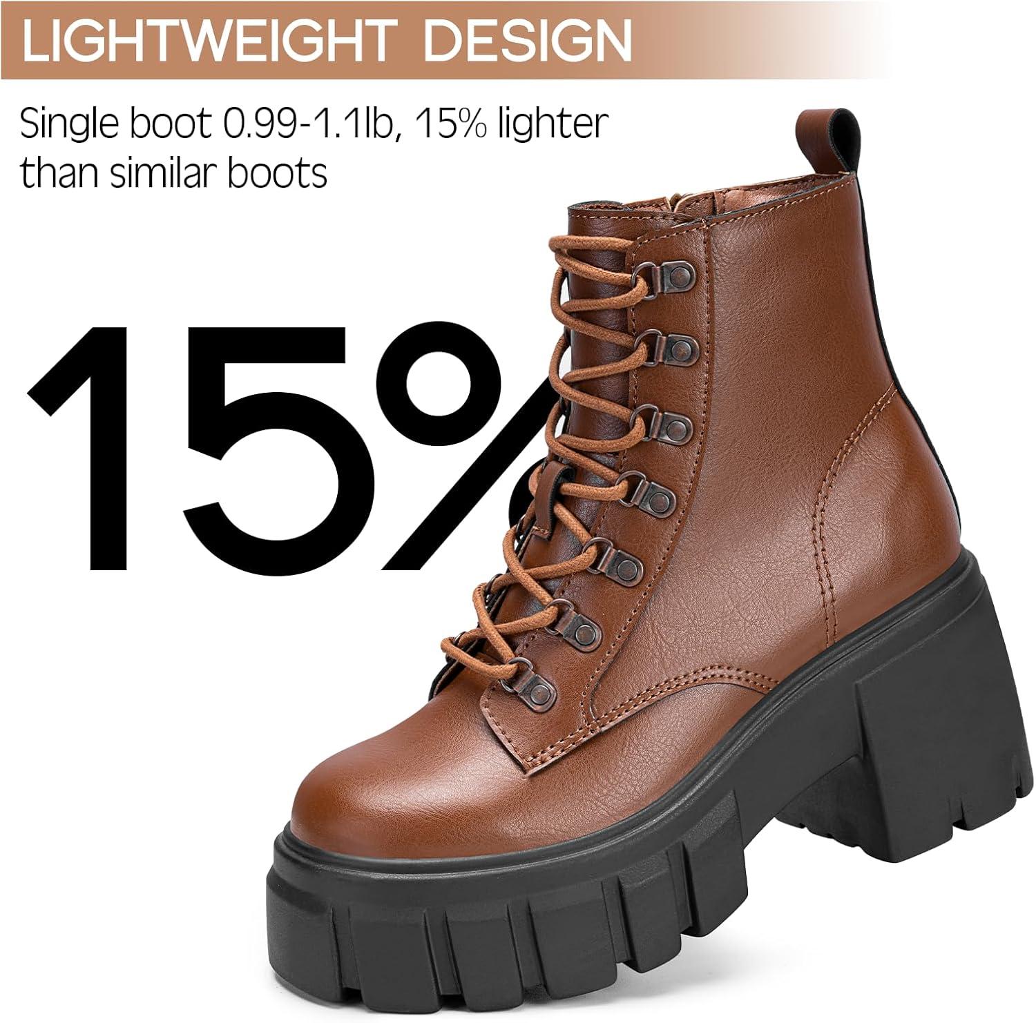 imageFITORY Womens Combat Boots Lightweight Lace up Side Zipper Ankle Botas High Heel Chunky Platform Lug Sole Booties Size 611Brown