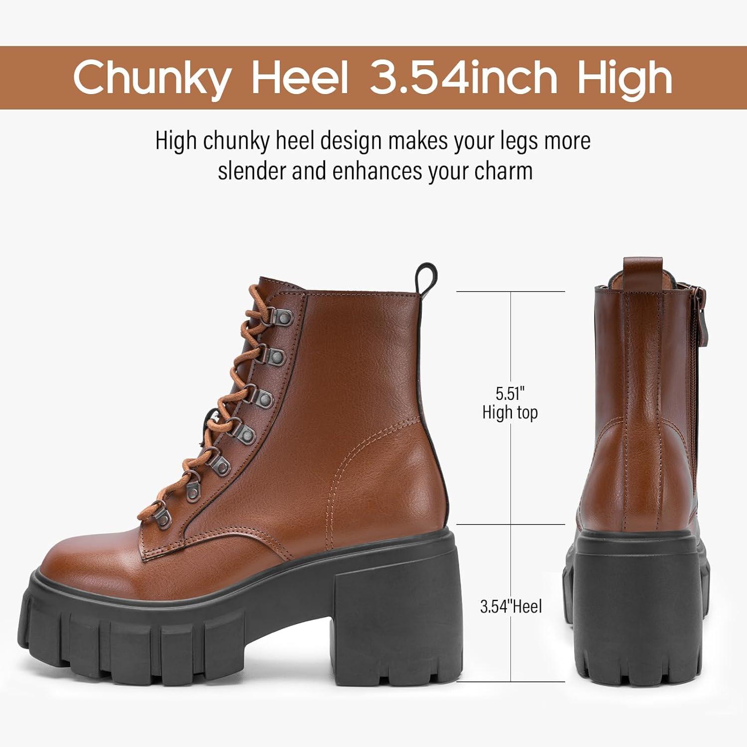 imageFITORY Womens Combat Boots Lightweight Lace up Side Zipper Ankle Botas High Heel Chunky Platform Lug Sole Booties Size 611Brown
