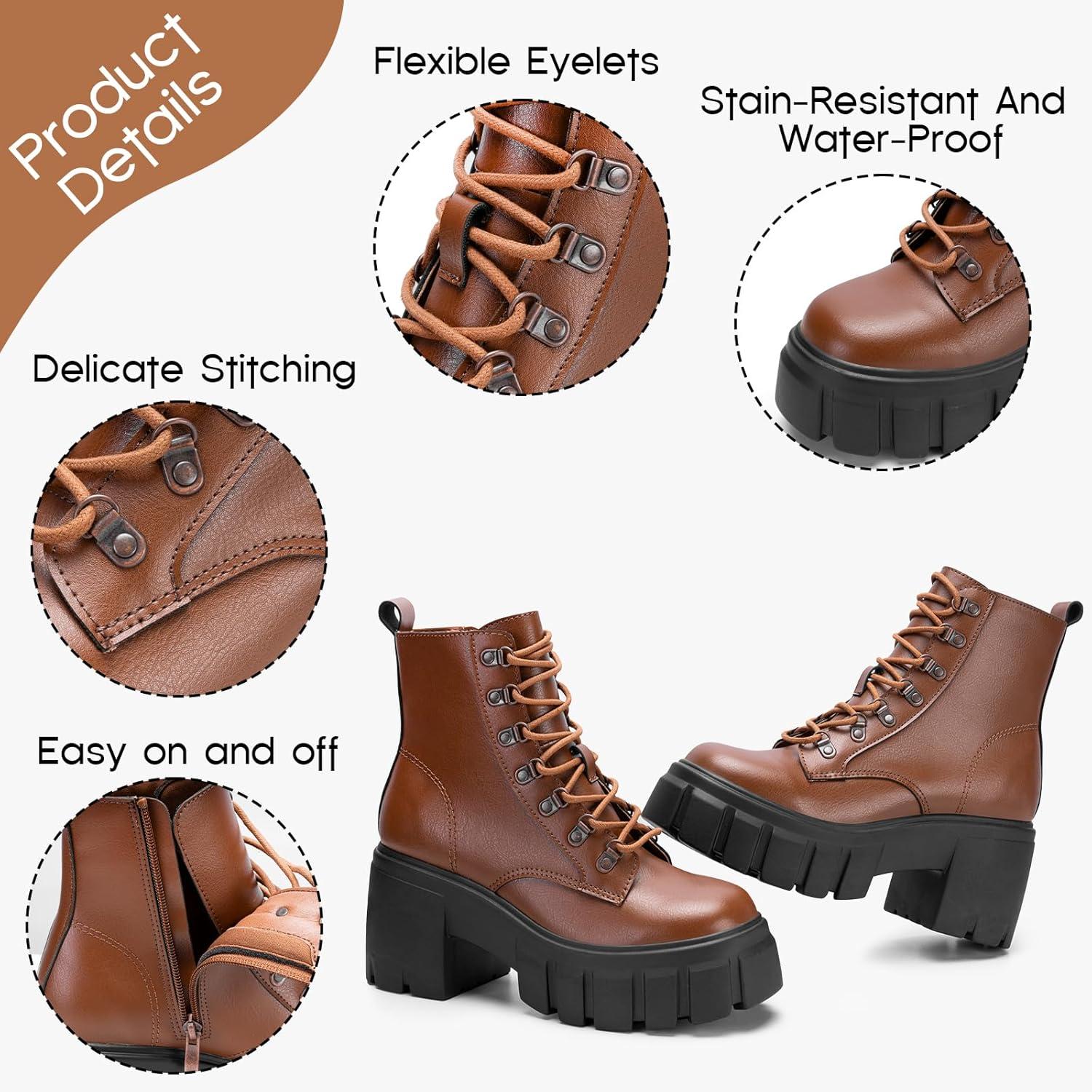 imageFITORY Womens Combat Boots Lightweight Lace up Side Zipper Ankle Botas High Heel Chunky Platform Lug Sole Booties Size 611Brown