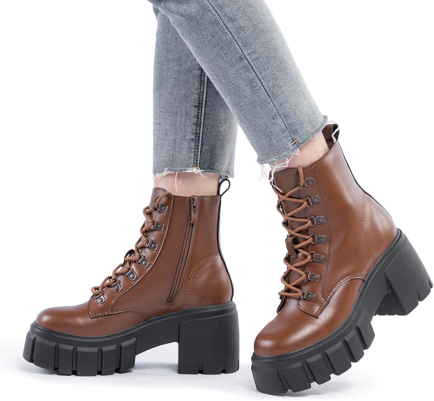 imageFITORY Womens Combat Boots Lightweight Lace up Side Zipper Ankle Botas High Heel Chunky Platform Lug Sole Booties Size 611Brown