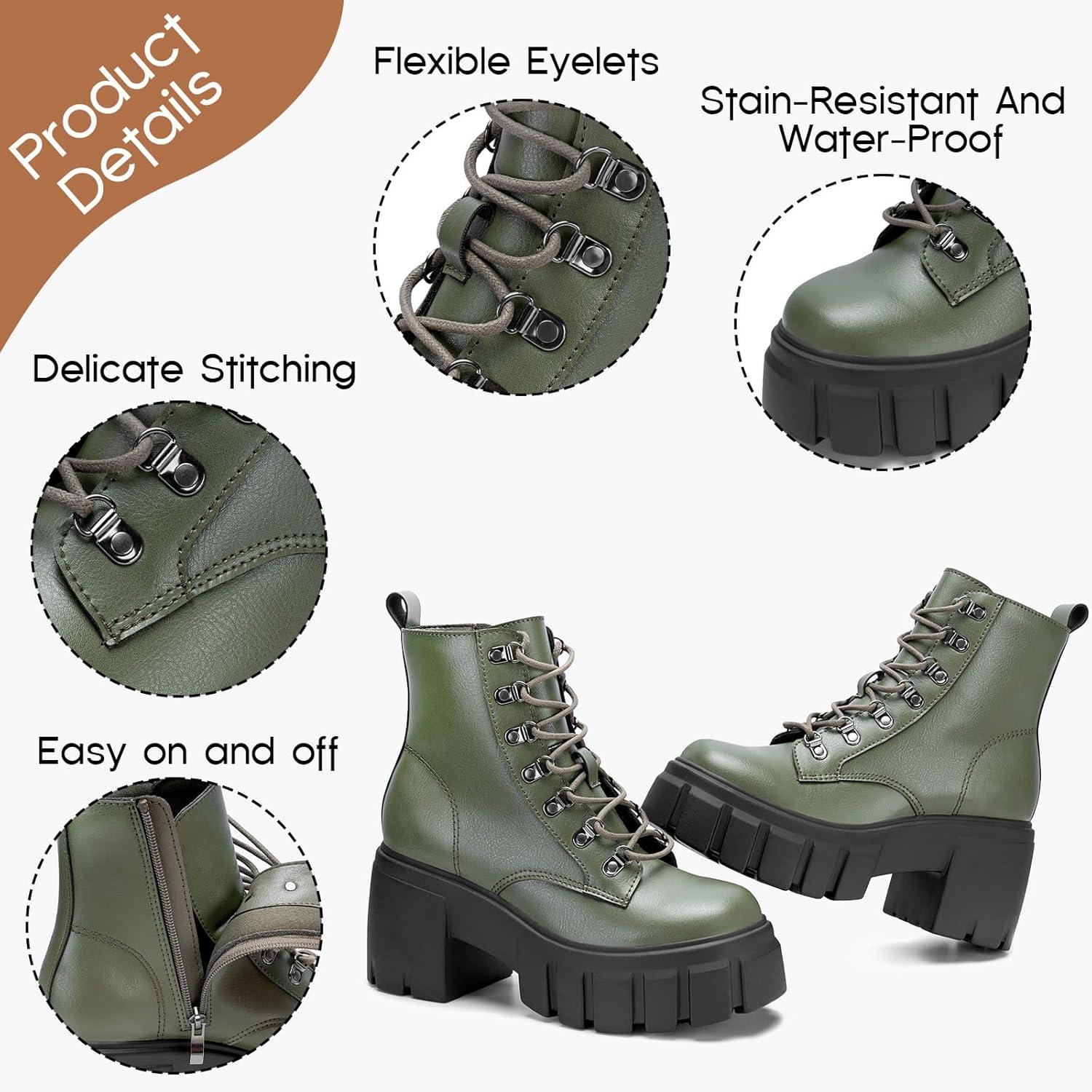 imageFITORY Womens Combat Boots Lightweight Lace up Side Zipper Ankle Botas High Heel Chunky Platform Lug Sole Booties Size 611Dark Green