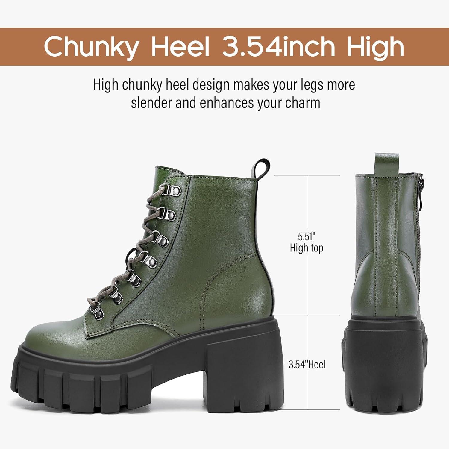 imageFITORY Womens Combat Boots Lightweight Lace up Side Zipper Ankle Botas High Heel Chunky Platform Lug Sole Booties Size 611Dark Green