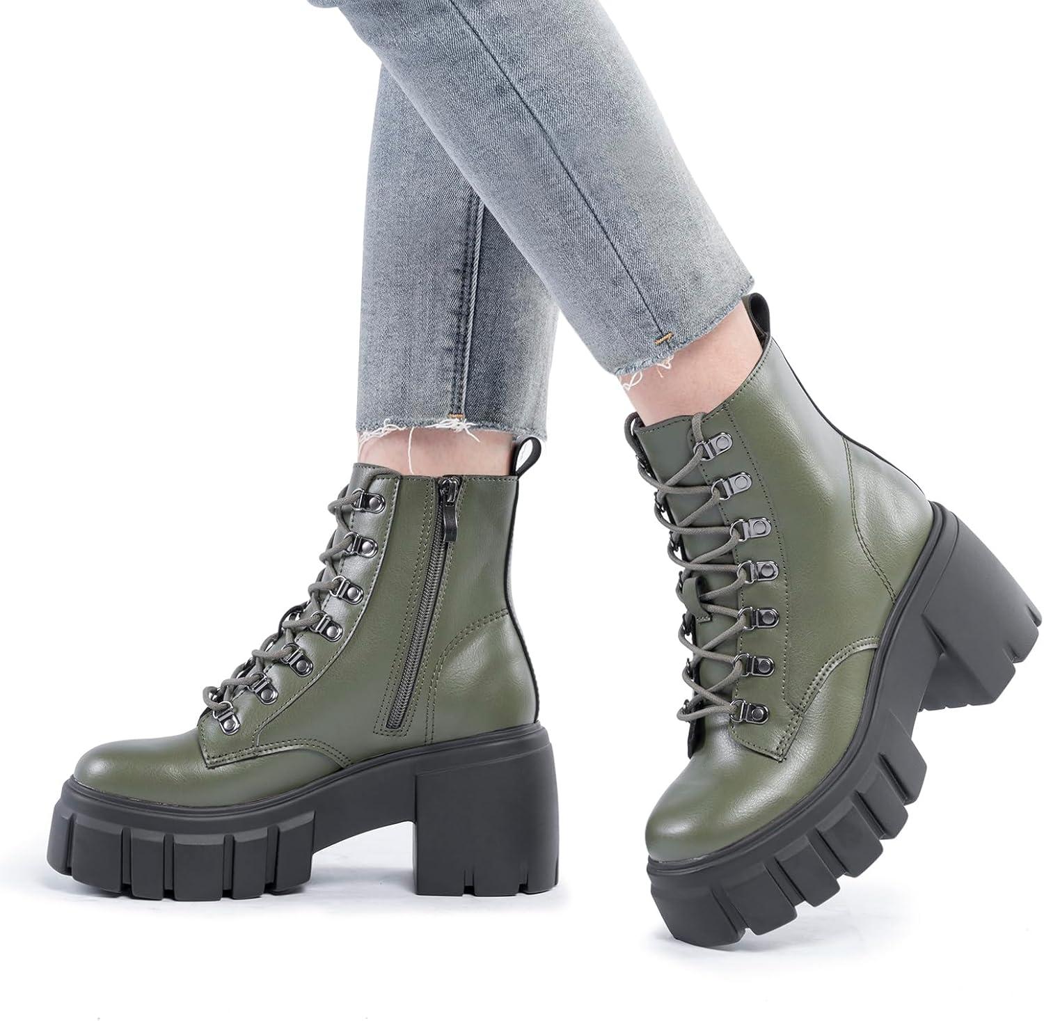 imageFITORY Womens Combat Boots Lightweight Lace up Side Zipper Ankle Botas High Heel Chunky Platform Lug Sole Booties Size 611Dark Green