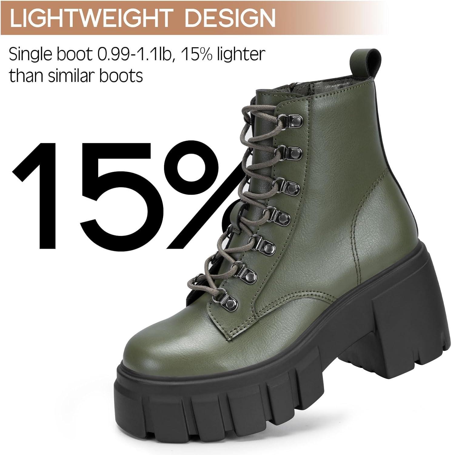 imageFITORY Womens Combat Boots Lightweight Lace up Side Zipper Ankle Botas High Heel Chunky Platform Lug Sole Booties Size 611Dark Green