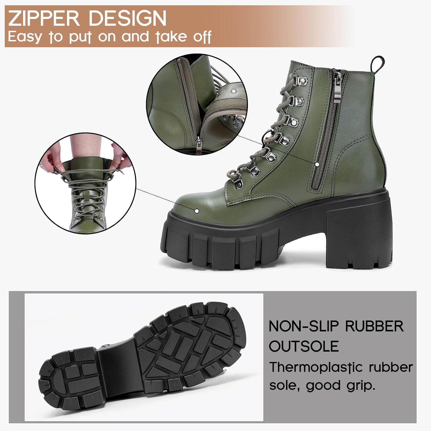 imageFITORY Womens Combat Boots Lightweight Lace up Side Zipper Ankle Botas High Heel Chunky Platform Lug Sole Booties Size 611Dark Green