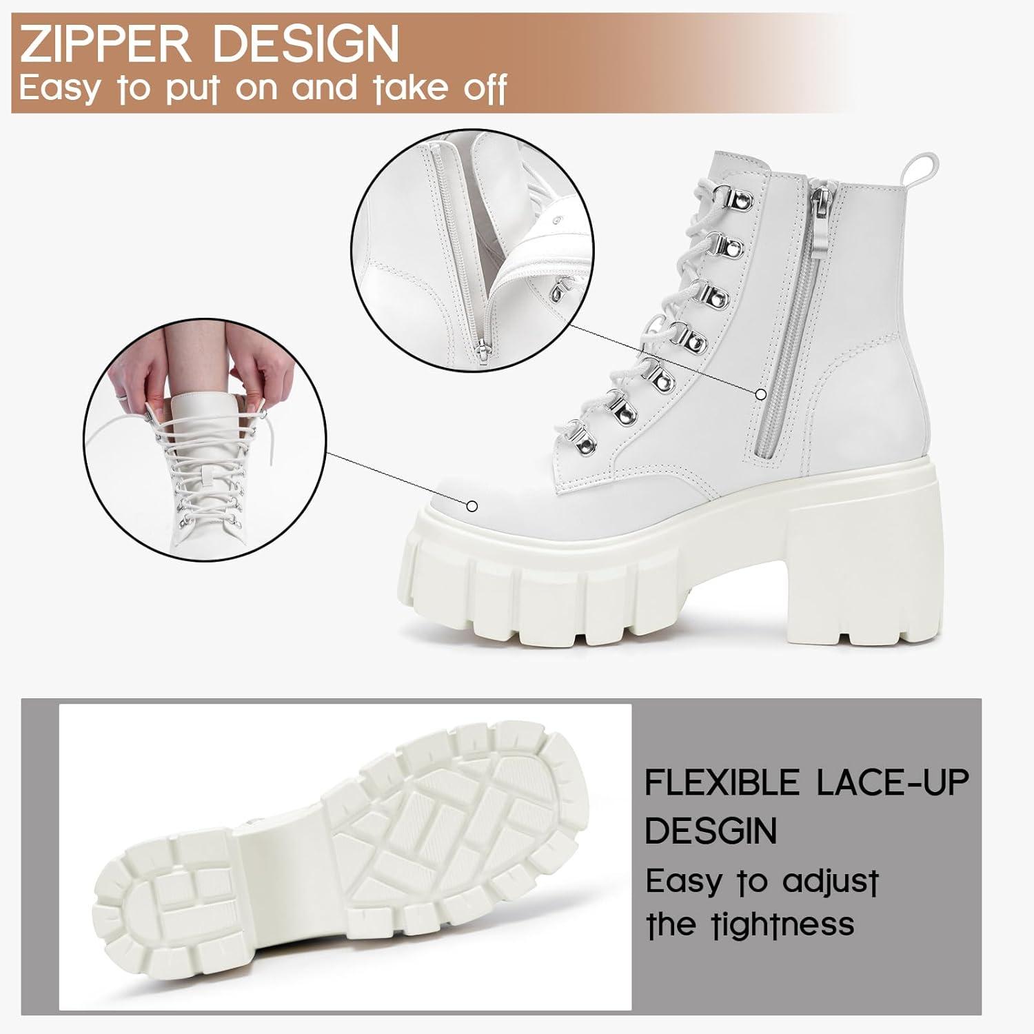 imageFITORY Womens Combat Boots Lightweight Lace up Side Zipper Ankle Botas High Heel Chunky Platform Lug Sole Booties Size 611White