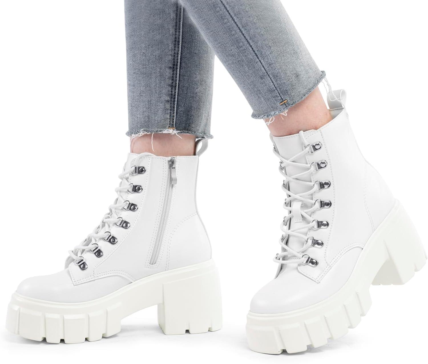 imageFITORY Womens Combat Boots Lightweight Lace up Side Zipper Ankle Botas High Heel Chunky Platform Lug Sole Booties Size 611White