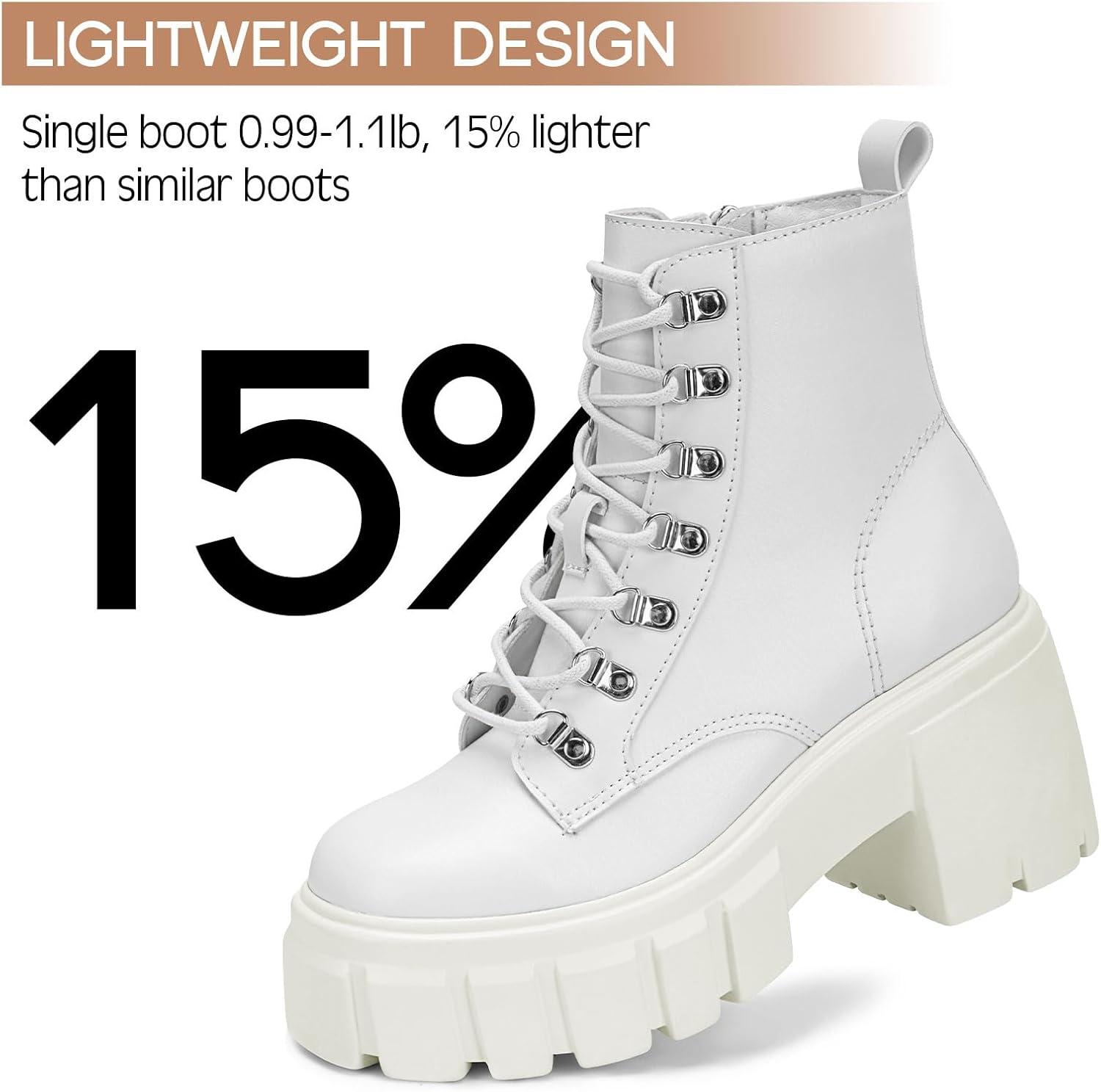 imageFITORY Womens Combat Boots Lightweight Lace up Side Zipper Ankle Botas High Heel Chunky Platform Lug Sole Booties Size 611White