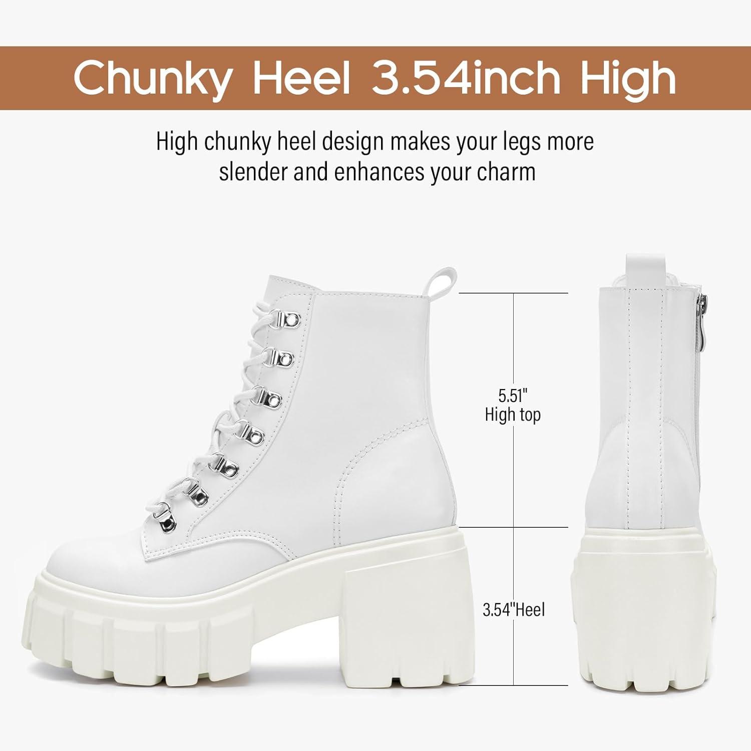 imageFITORY Womens Combat Boots Lightweight Lace up Side Zipper Ankle Botas High Heel Chunky Platform Lug Sole Booties Size 611White