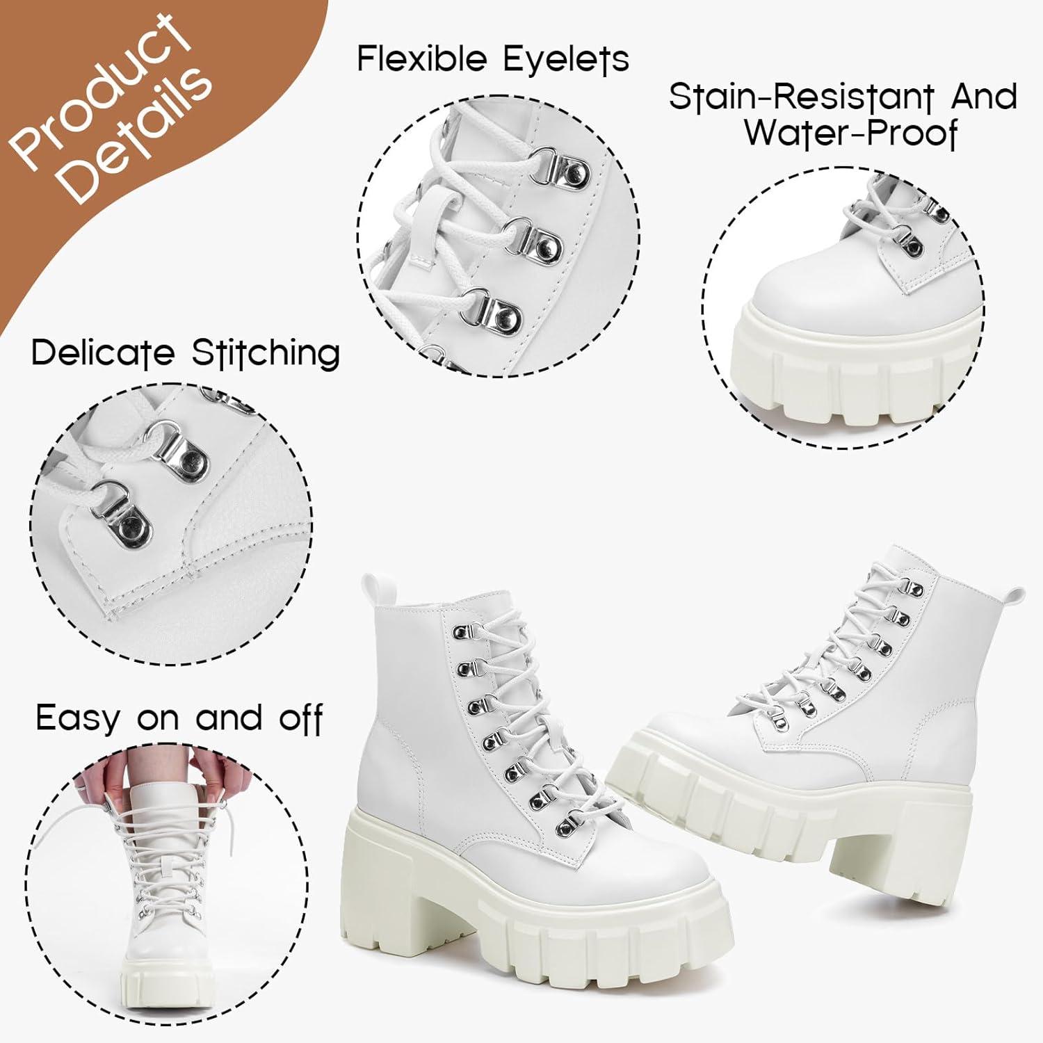 imageFITORY Womens Combat Boots Lightweight Lace up Side Zipper Ankle Botas High Heel Chunky Platform Lug Sole Booties Size 611White