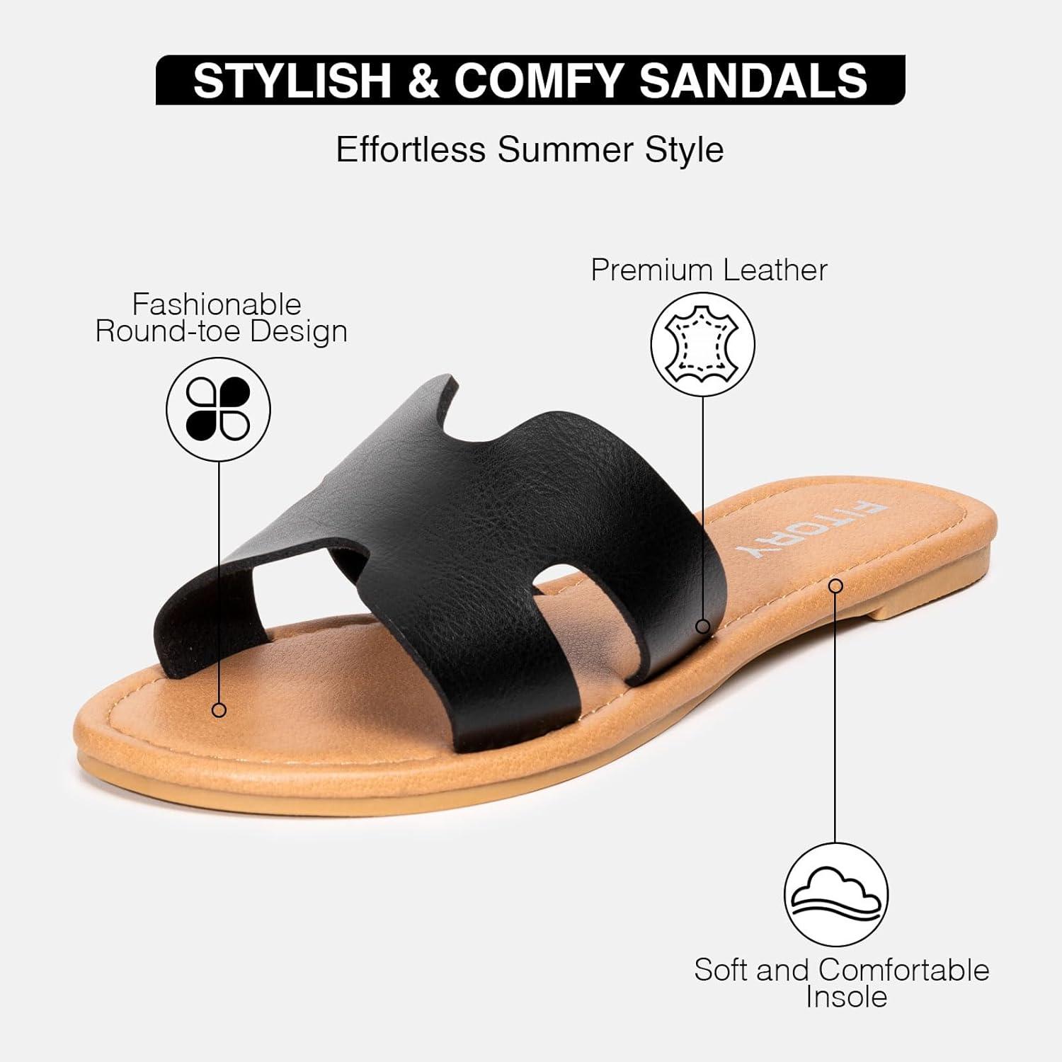 imageFITORY Womens Comfortable Dressy Leather Flat Sandals  Stylish ampamp Beautiful Summer Slides Size 611Black